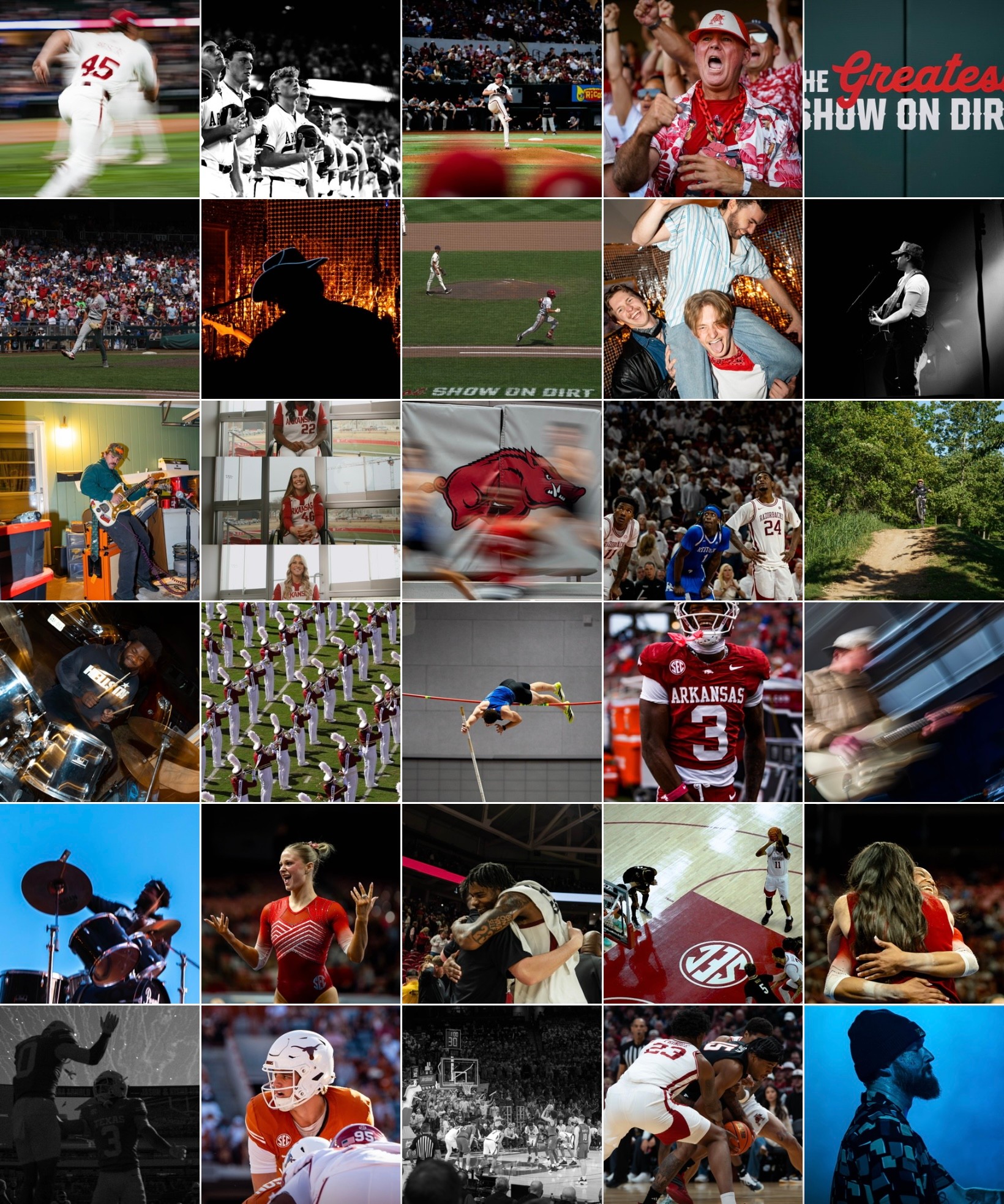 Collage of various sports and entertainment scenes, including baseball, football, music, and outdoor activities.