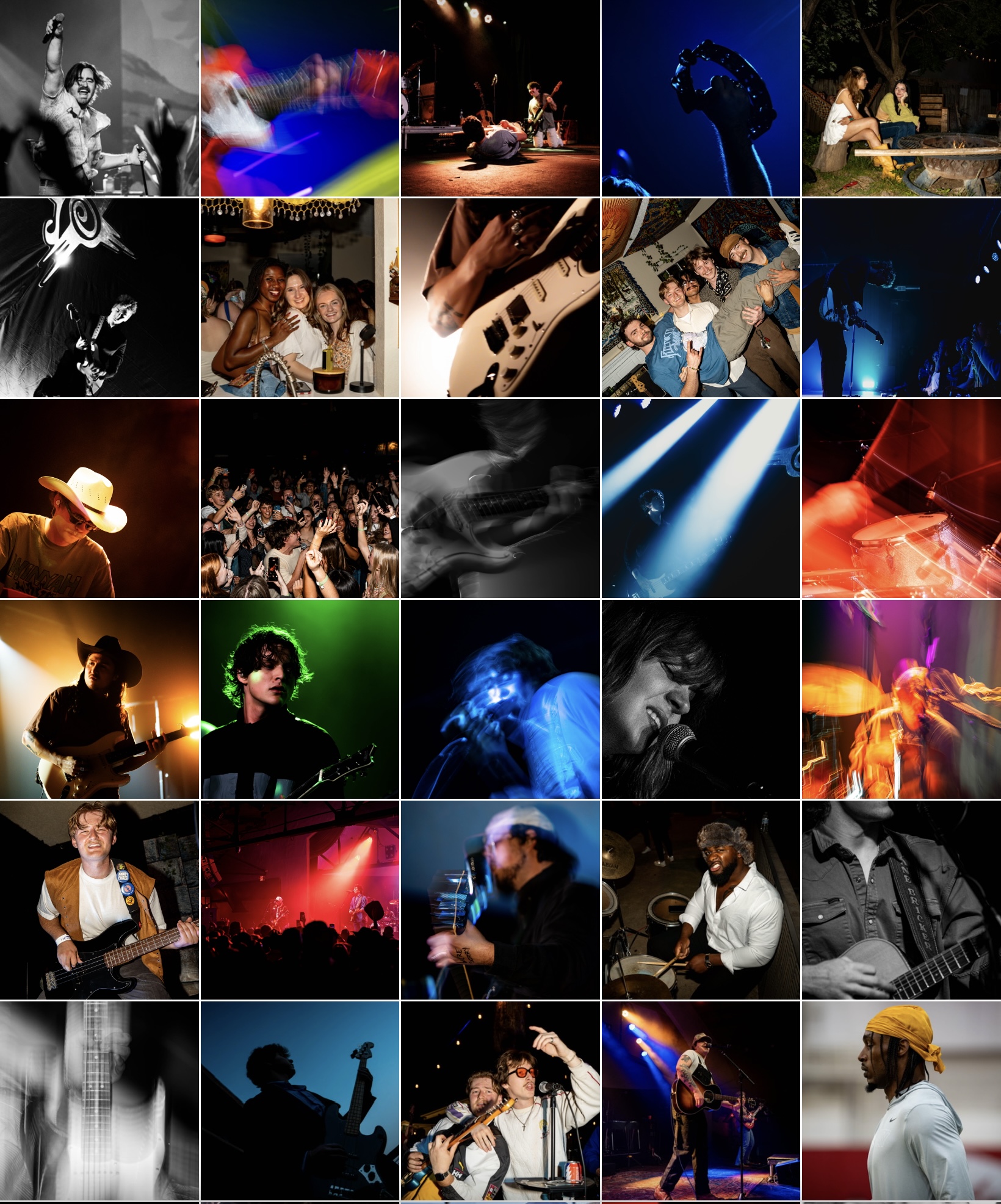 Collage of various scenes including concerts, musicians, and performers with colorful lighting and stage effects.
