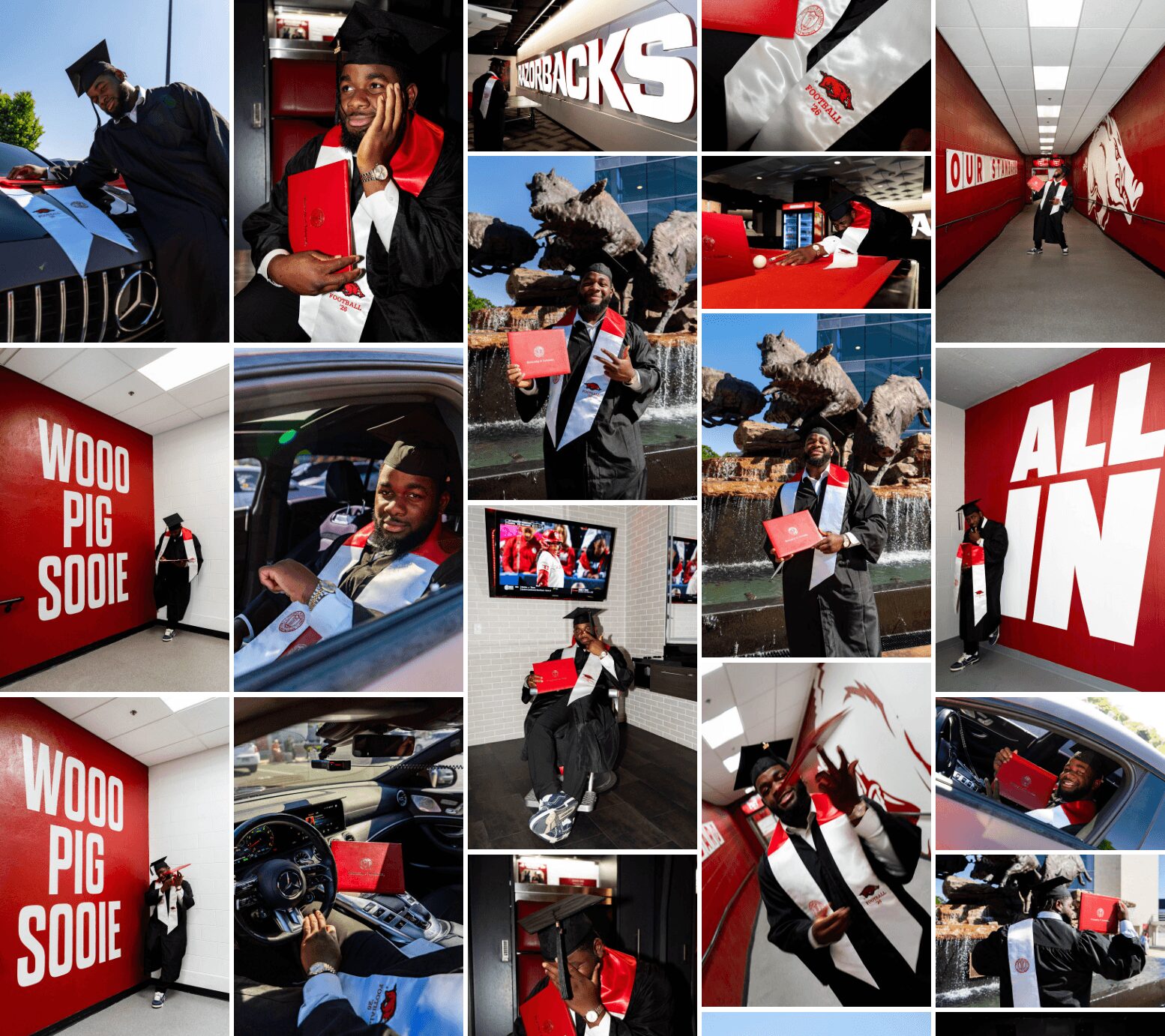 Multiple images of a person in graduation attire, holding a red diploma, in various settings including cars and hallways.