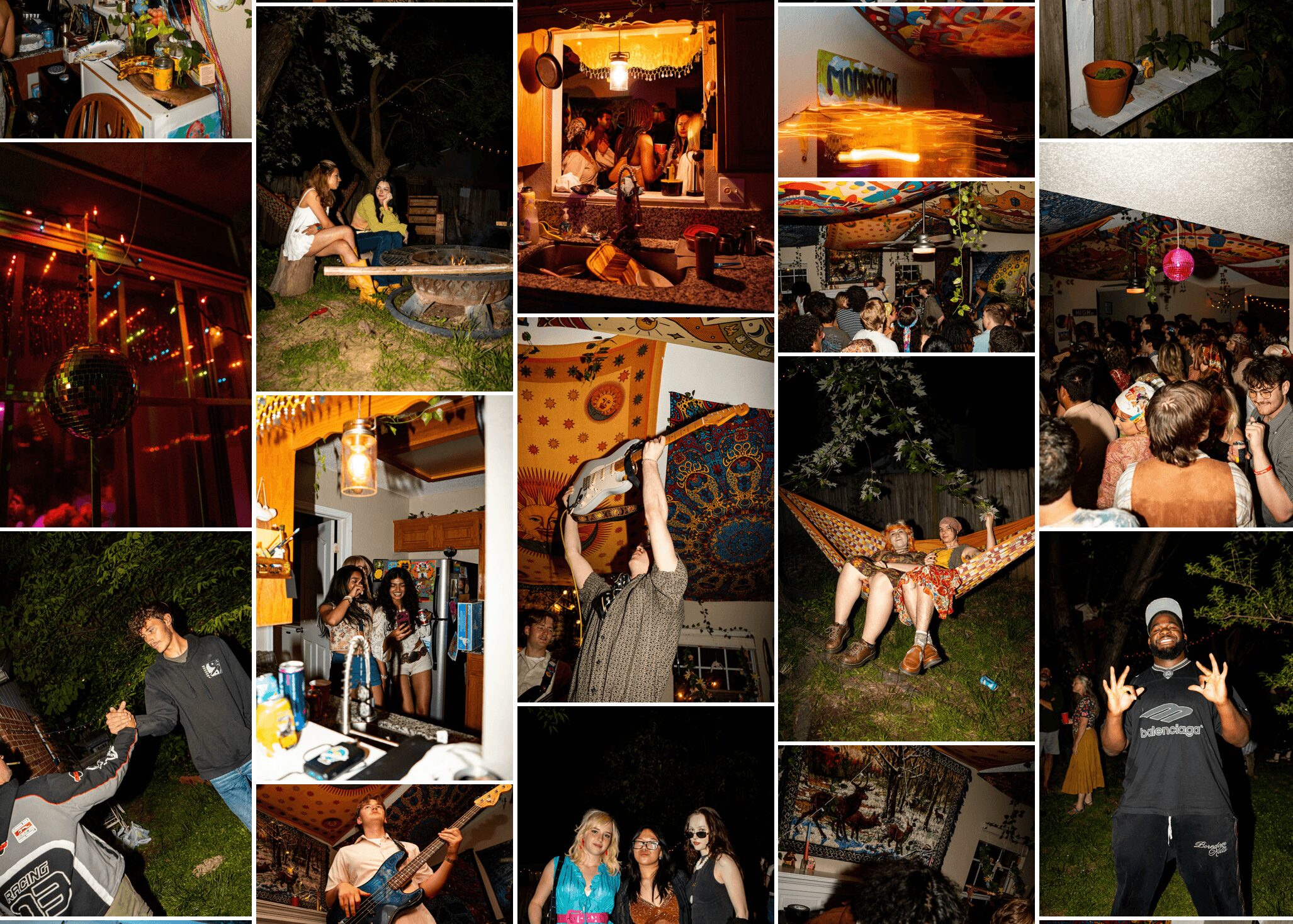 Collage of people at parties and gatherings, some dancing, socializing, and enjoying indoor and outdoor settings.