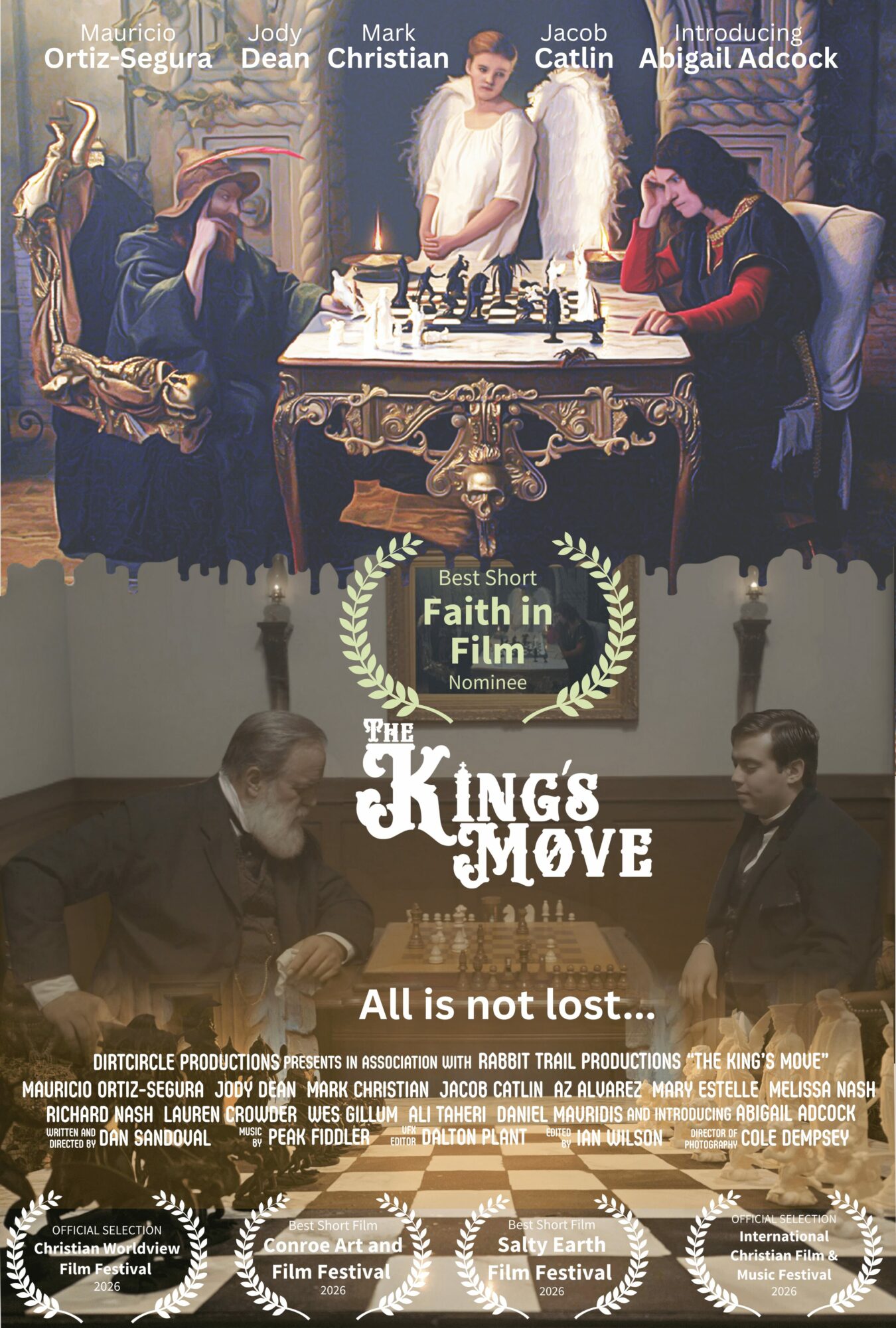 Two people playing chess at a table, with a projected image of a woman in the background, and text about a film titled 'The King's Move'.