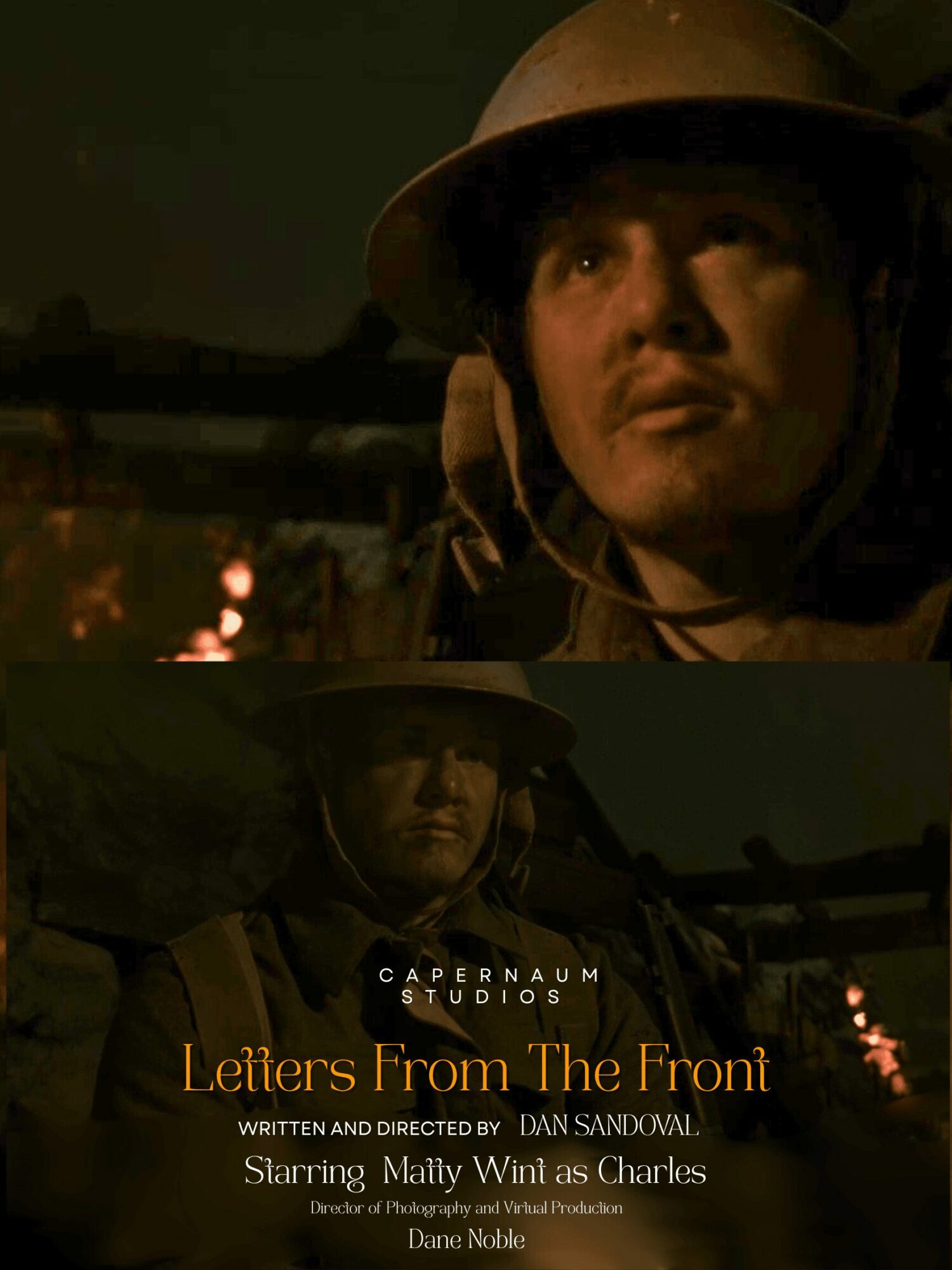 A person wearing a helmet looks upward with a serious expression, dark background with faint lights, nighttime scene.