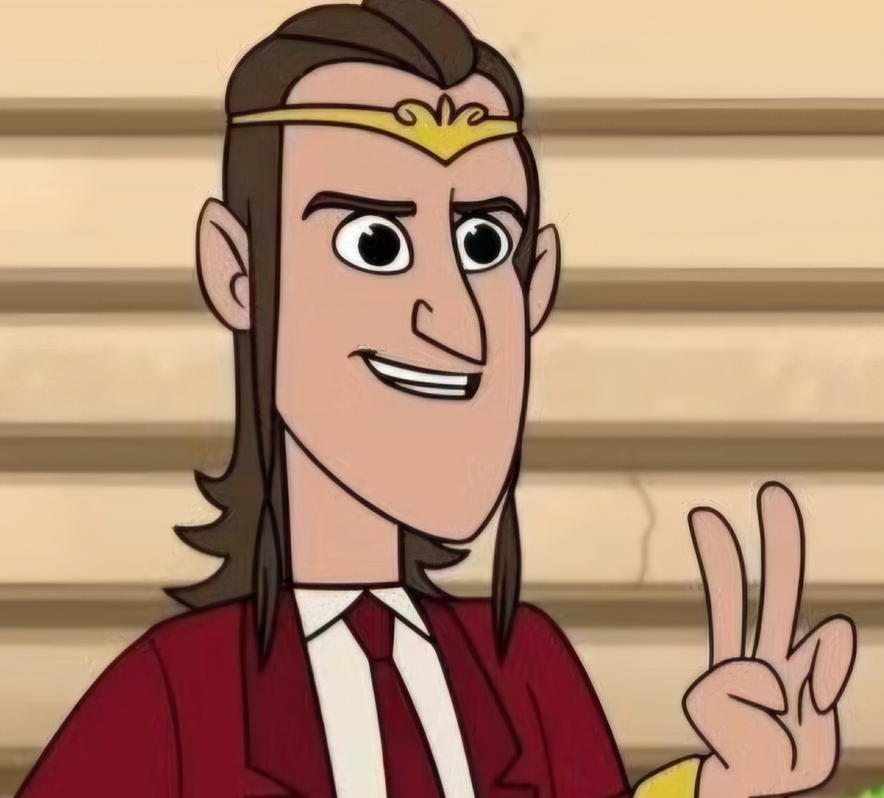 Animated character with long hair, wearing a crown and red jacket, making a peace sign gesture.