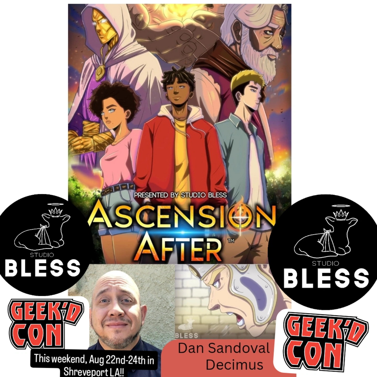 Poster for 'Ascension After' featuring three animated characters and a background with a large face, with logos and images below.