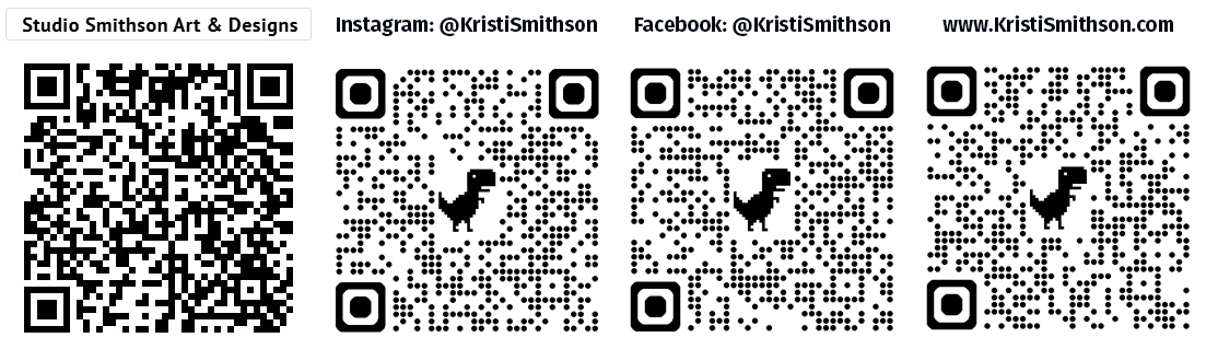 Four QR codes with text and social media links below, on a white background.