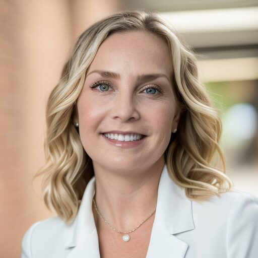 Woman with blonde wavy hair smiling, wearing a white blazer and a necklace, outdoors with blurred background.