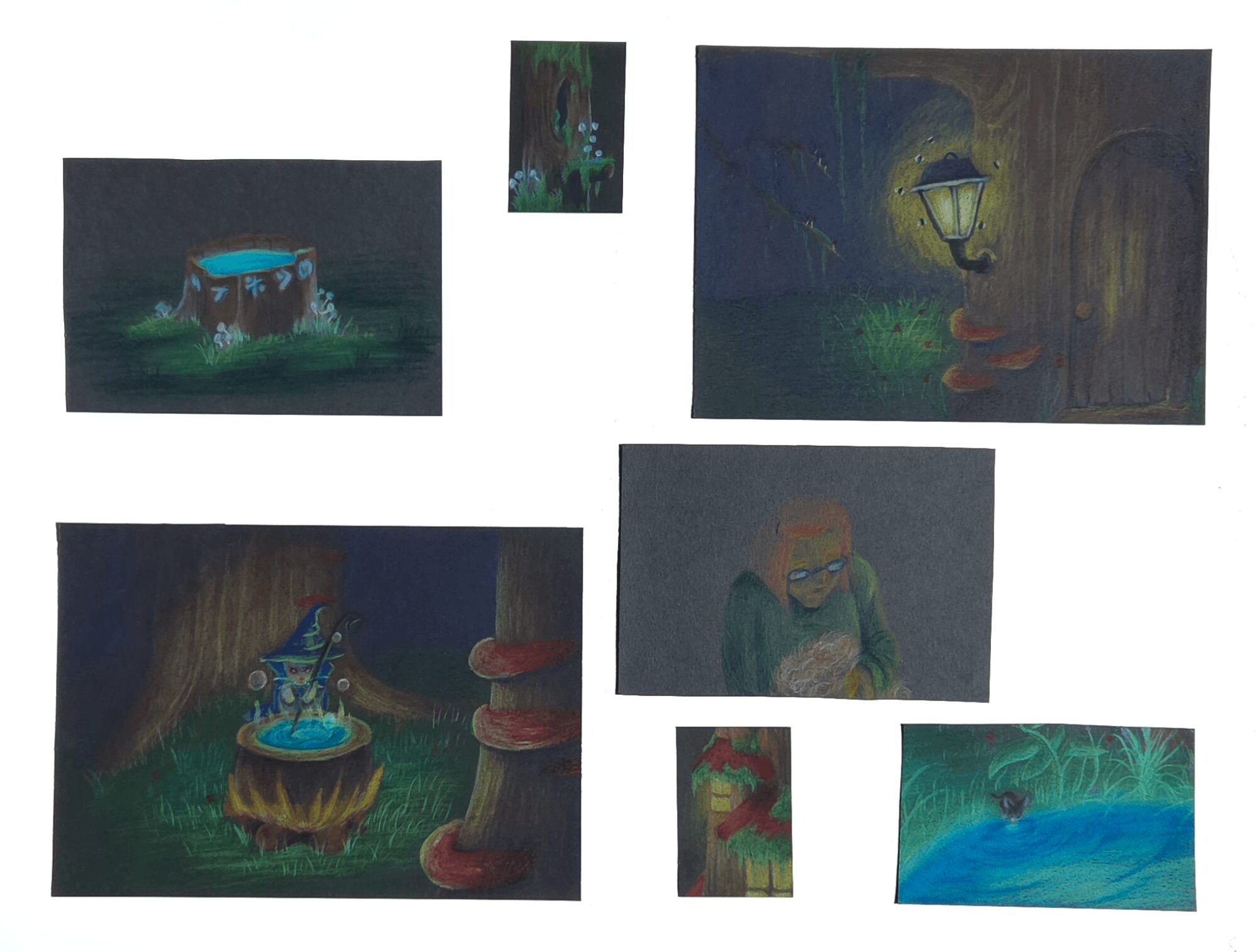 Collection of small and large paintings depicting outdoor scenes, trees, water, and a streetlamp, arranged on a white background.