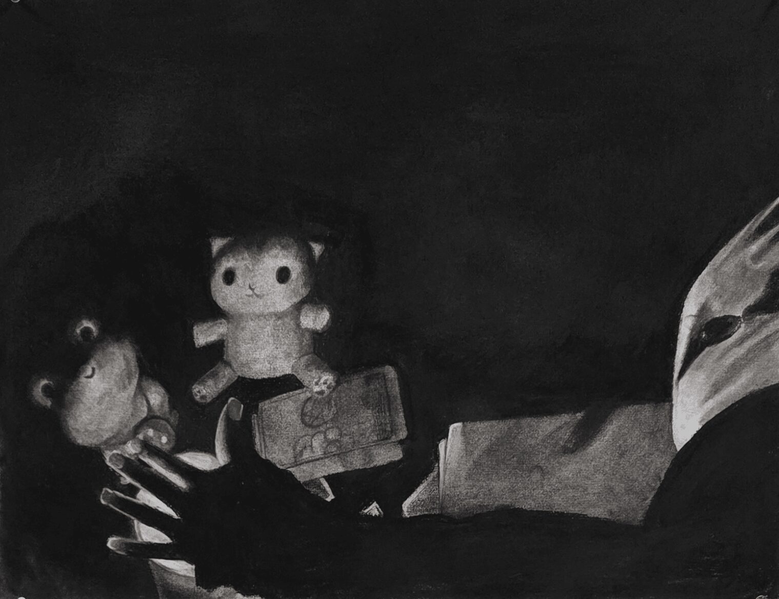 Person holding plush toys and a paper bag, with toys in the background, in a dark setting.