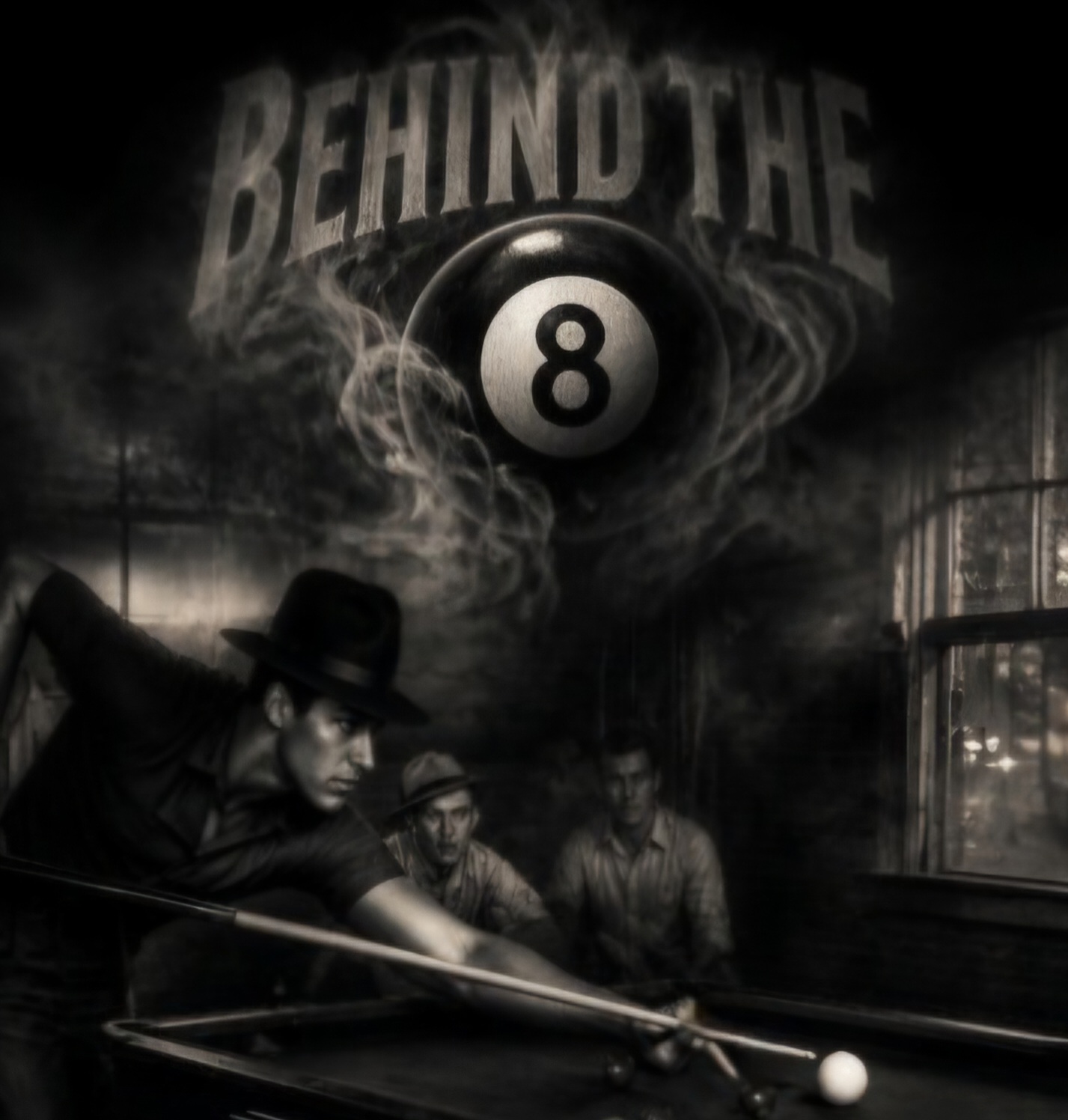 Three men playing pool in a dimly lit room with a large black 8 ball and the text 'Behind the 8' above.