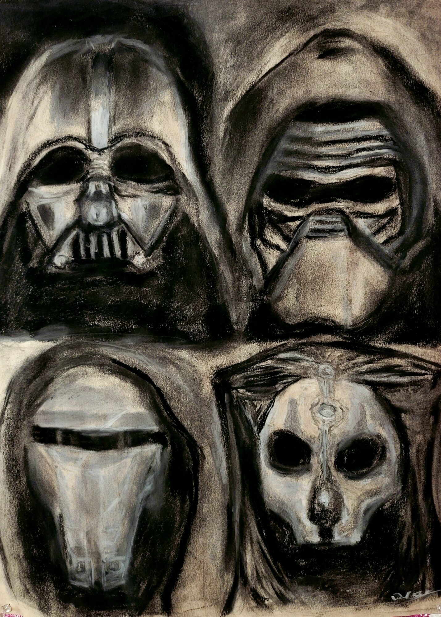 Four dark, stylized skulls or masks with distinct features, painted in black, white, and gray tones.