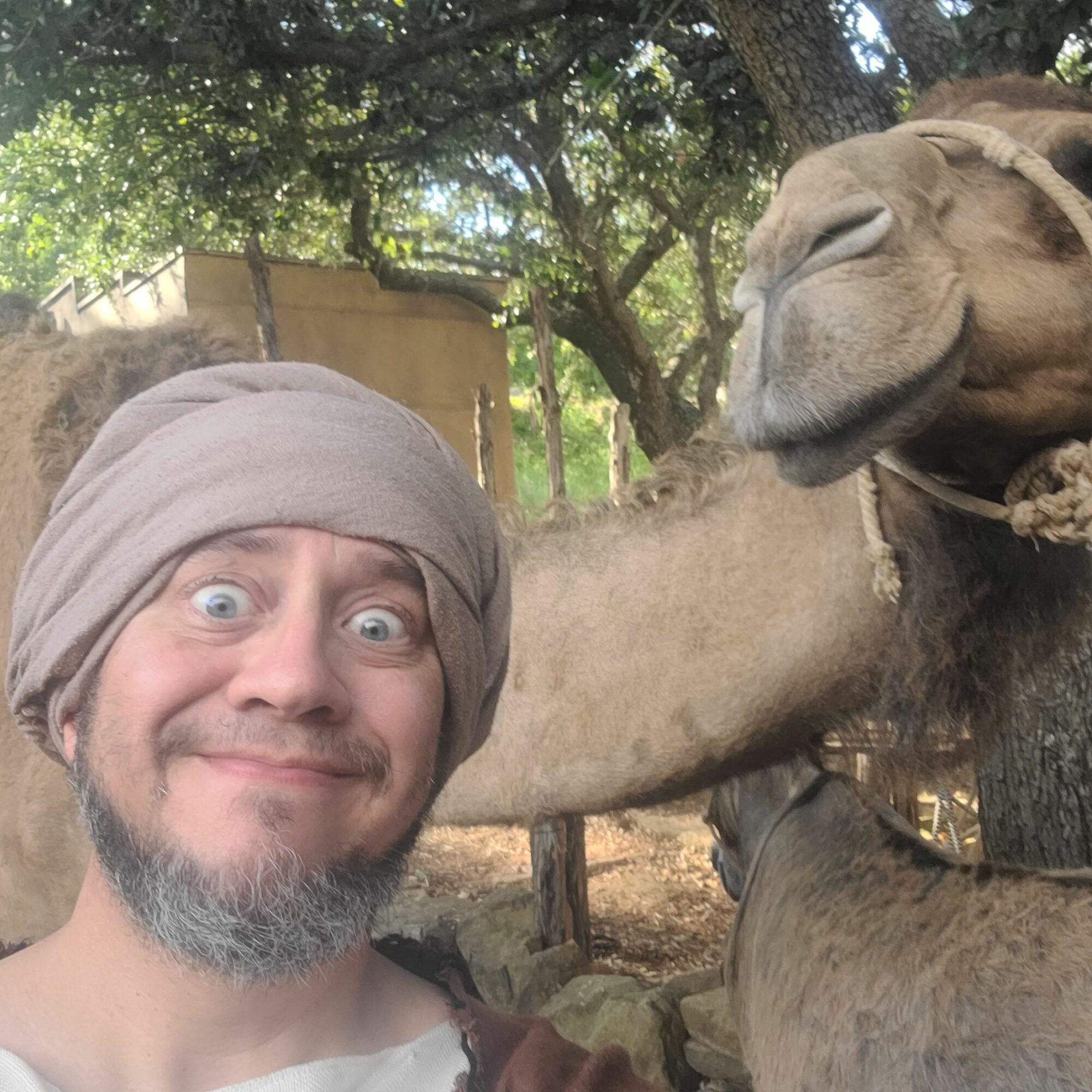 A man with a beard and head covering smiling next to a camel outdoors with trees in the background.
