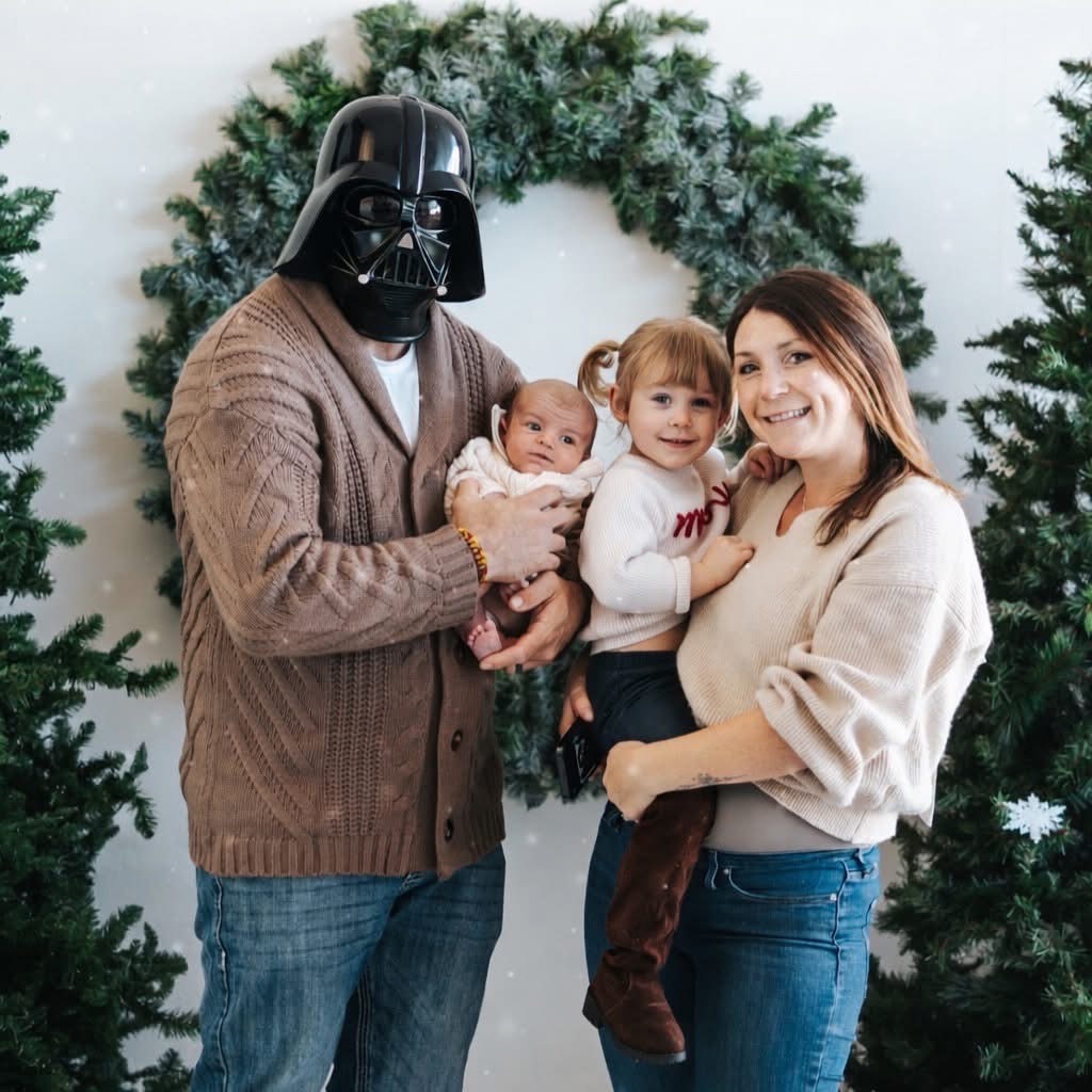 Person dressed as Darth Vader holding a baby, with a woman and a child smiling, standing in front of a Christmas wreath.