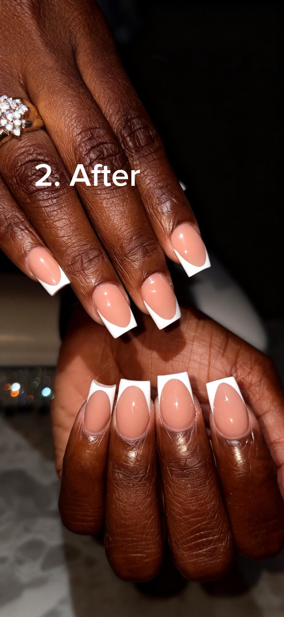Close-up of hands with manicured nails, showing a before and after comparison, with text '2. After'.