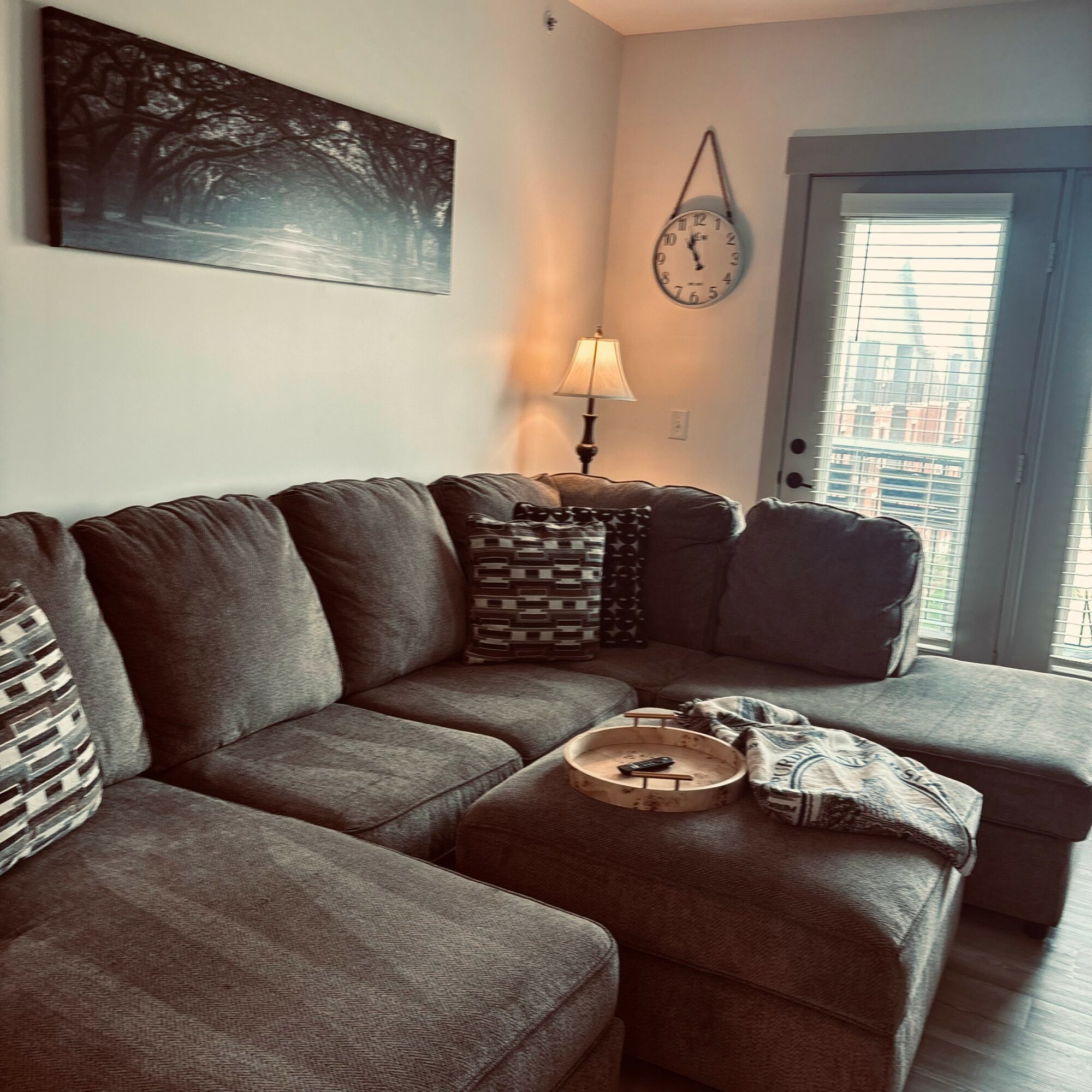Living room with gray sectional sofa, wall art, clock, lamp, and door with window, natural light, and wooden floor.
