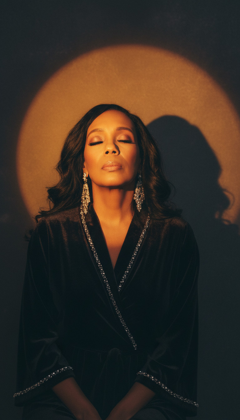 Woman with closed eyes, wearing earrings and a dark outfit, illuminated by a circular light, shadow cast behind her.