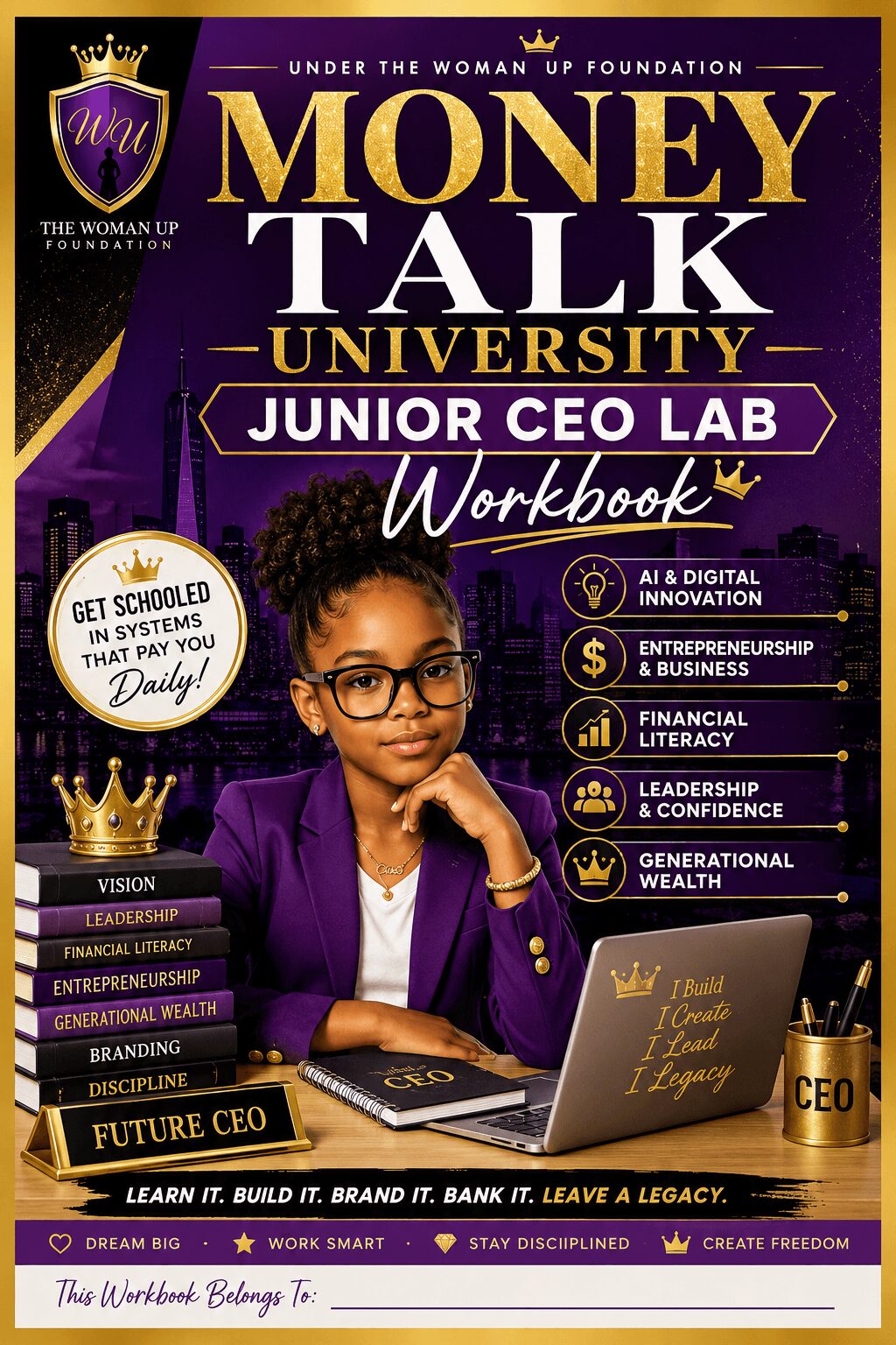 Young woman with glasses in purple blazer sitting at desk with laptop and notebook, smiling confidently.