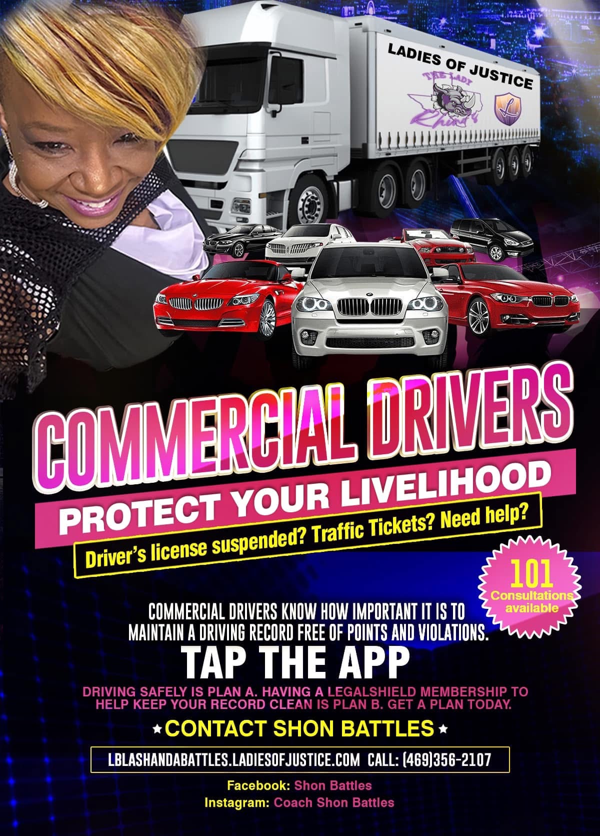 Person smiling in front of a truck with cars and text about commercial drivers and traffic tickets.