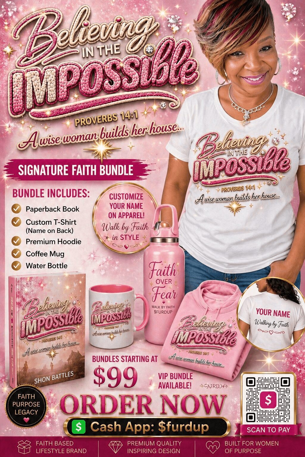 Woman holding a pink bottle and a pink bag, smiling, with product displays and pink-themed packaging around her.