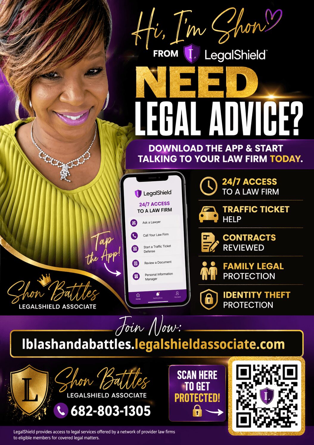 Advertisement for legal advice with a woman, text about legal services, and a website link.