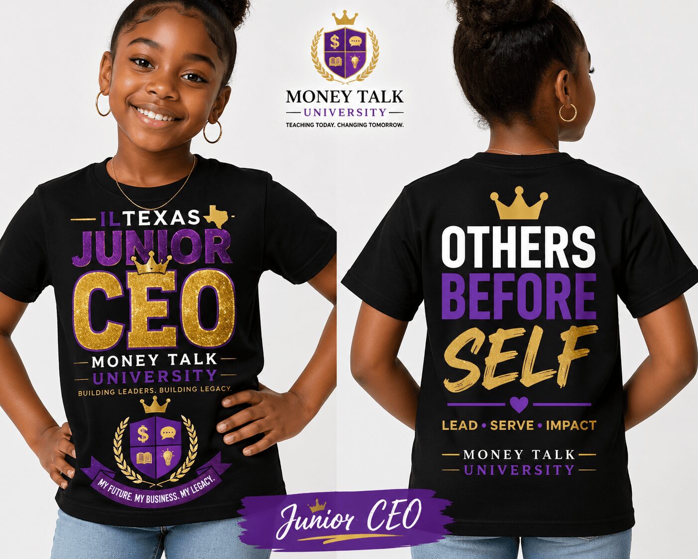 Girl wearing a black T-shirt with purple and gold text and logos, smiling, with a university logo above. Back view shows more text.