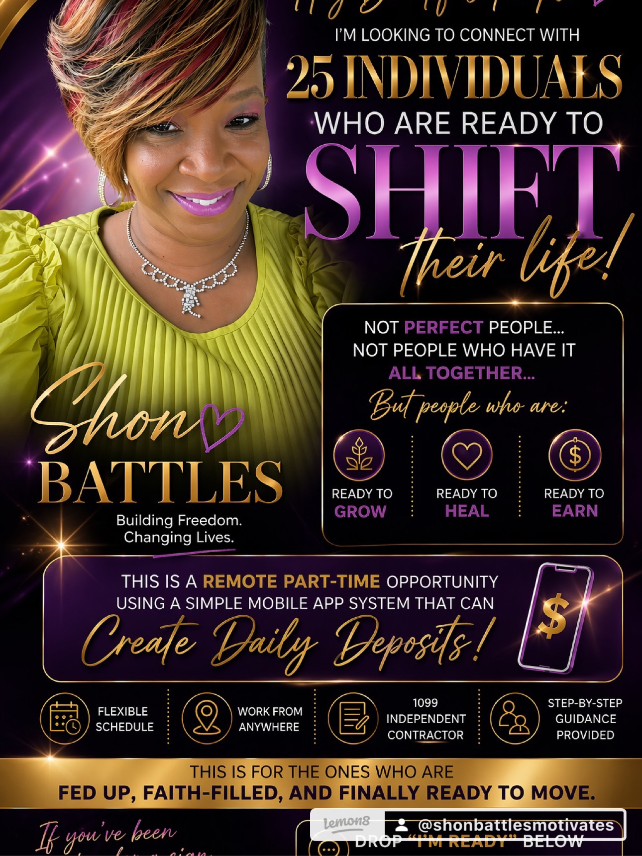 Smiling woman with short hair and jewelry, colorful background with text about personal growth and success, holding a phone.