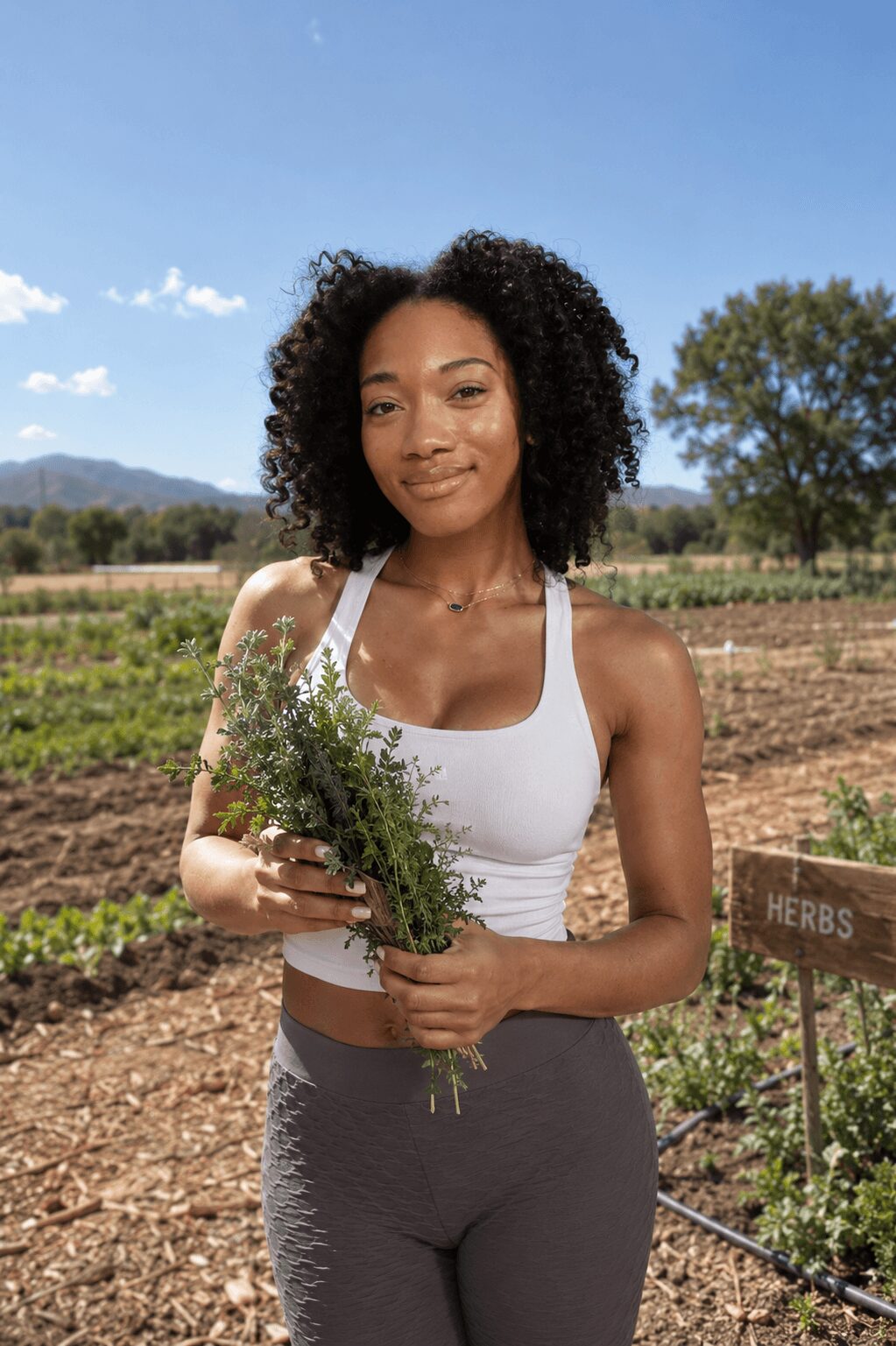 Young woman with curly hair holding herbs in a garden, smiling, outdoors on a sunny day.