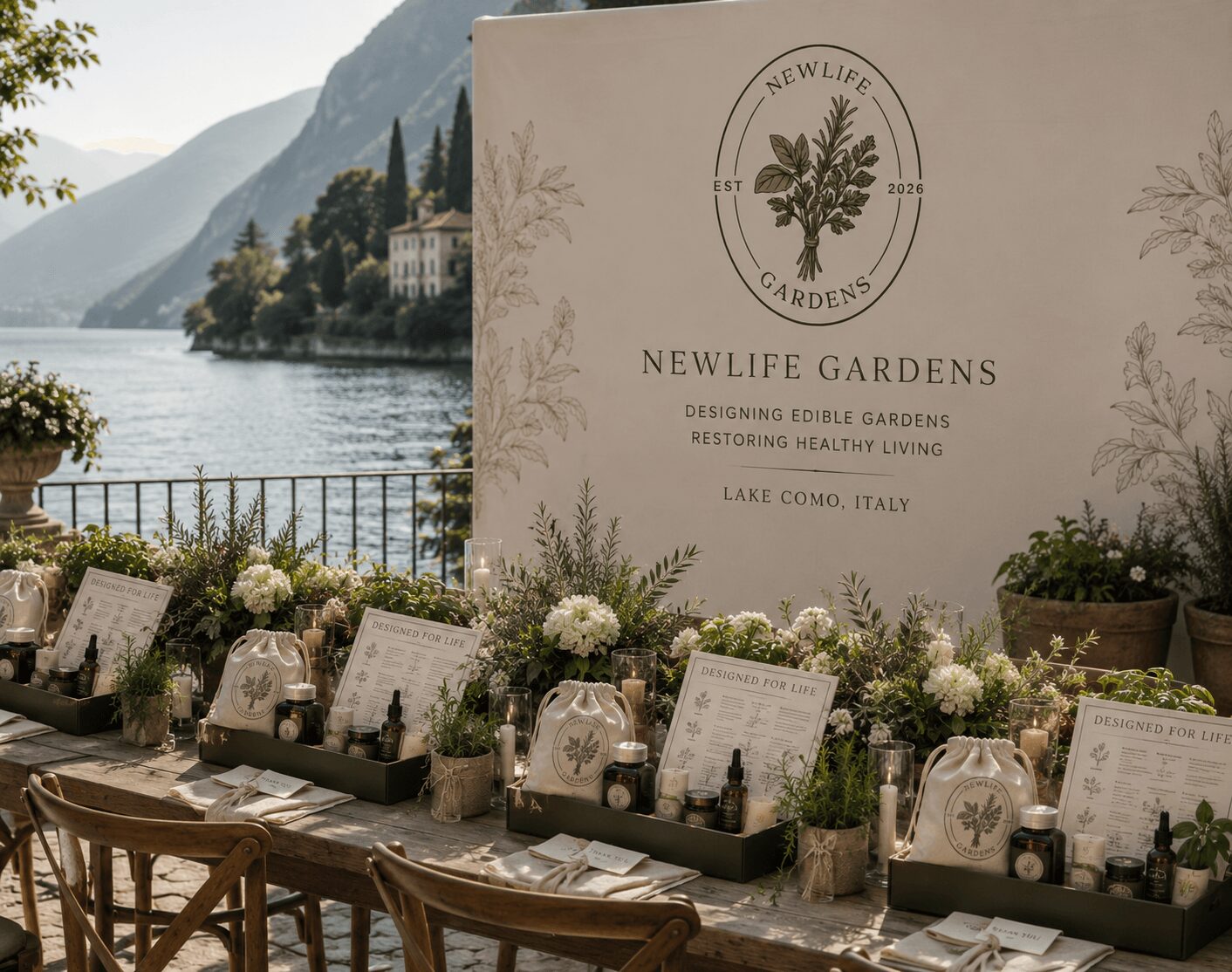 Outdoor event setup with tables, floral arrangements, and informational signs near a lake with mountains in the background.