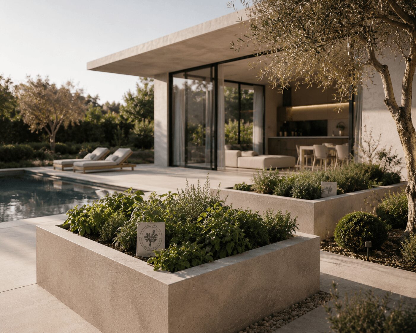 Modern house with large glass sliding doors, outdoor seating, and a swimming pool surrounded by greenery.