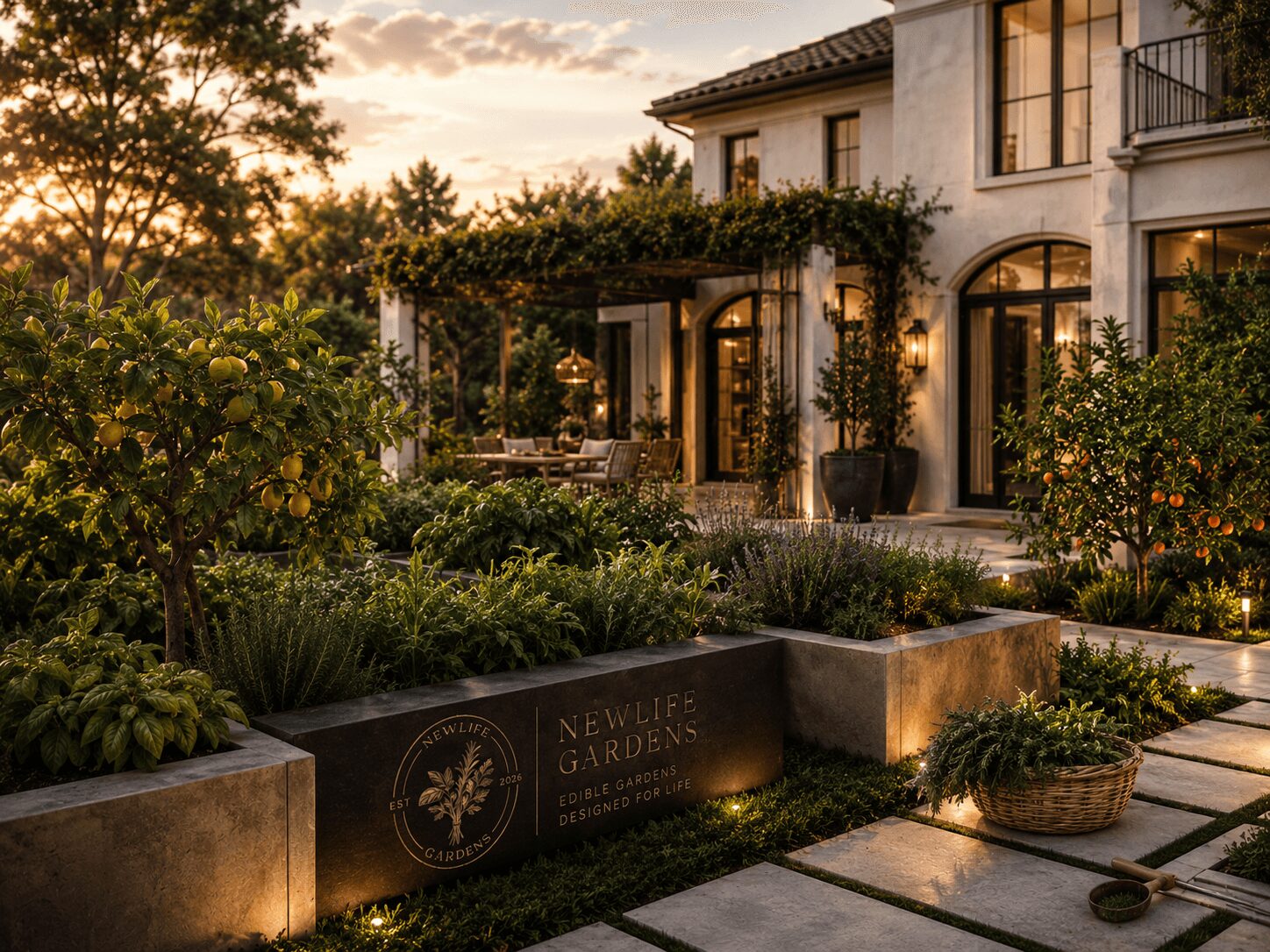 Elegant house with garden and outdoor seating area during sunset, lush greenery, and a sign reading 'Newlife Gardens'.
