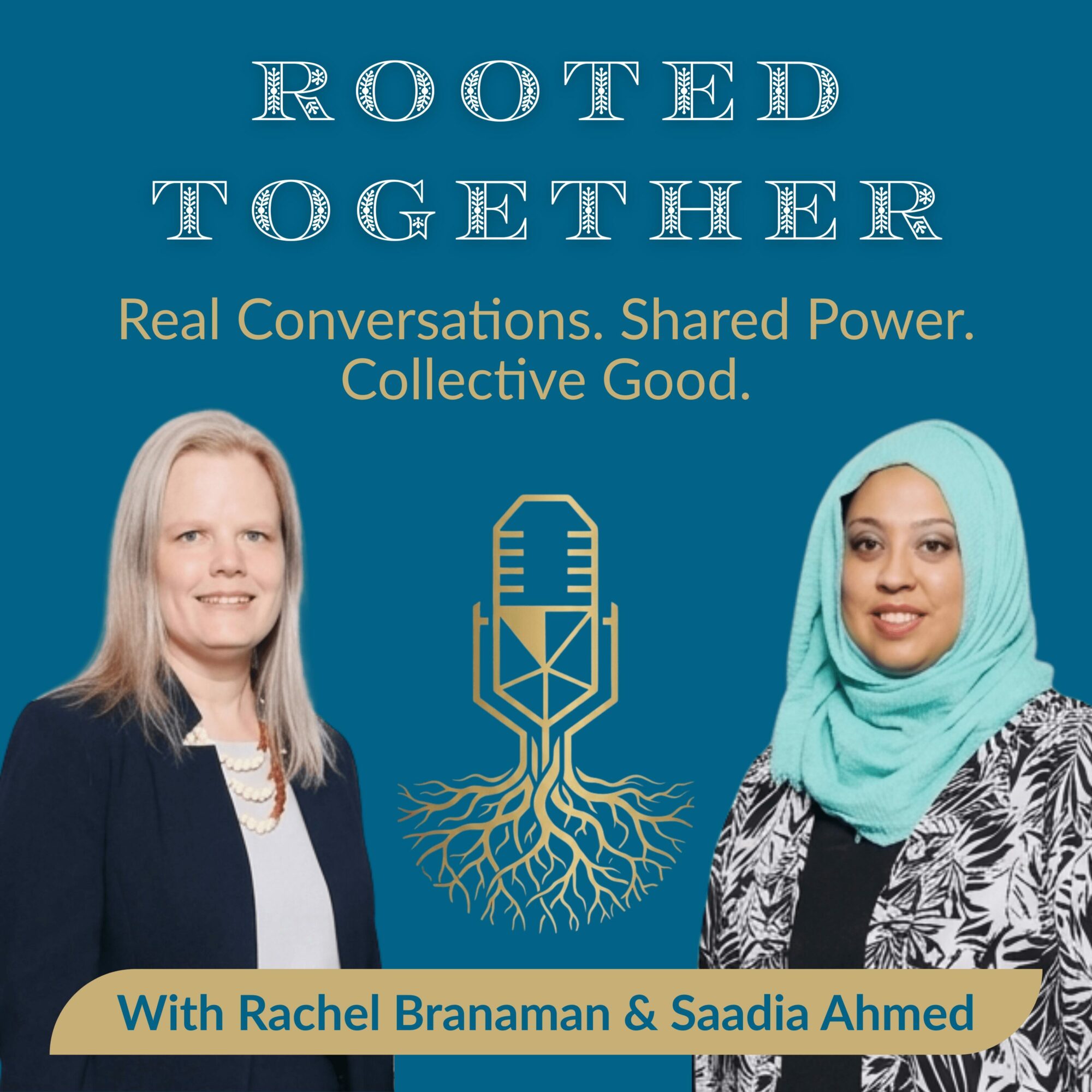 Cover of a book titled 'Rooted Together' with two women, a microphone graphic, and text about conversations and shared power.