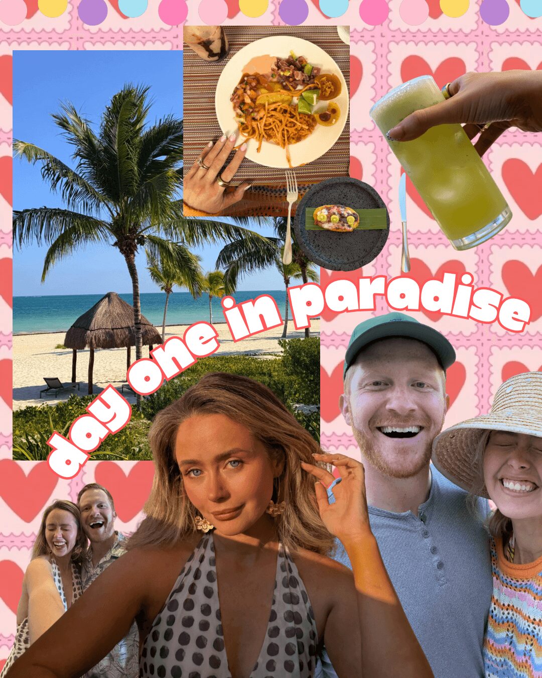A collage of a tropical beach, food, drink, and smiling people with a pink heart background, captioned 