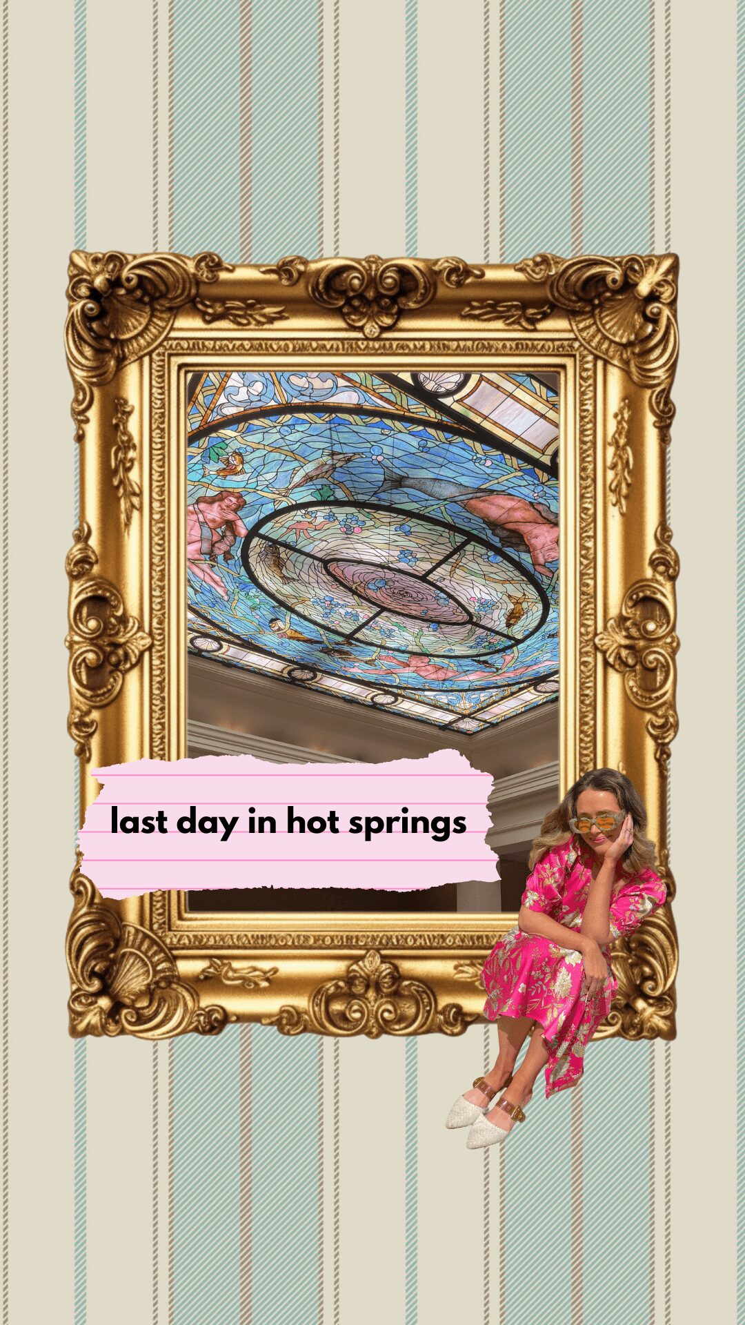 A framed painting with a colorful abstract design, a woman in pink sitting on the frame's bottom right, and a caption reading 'last day in hot springs'.