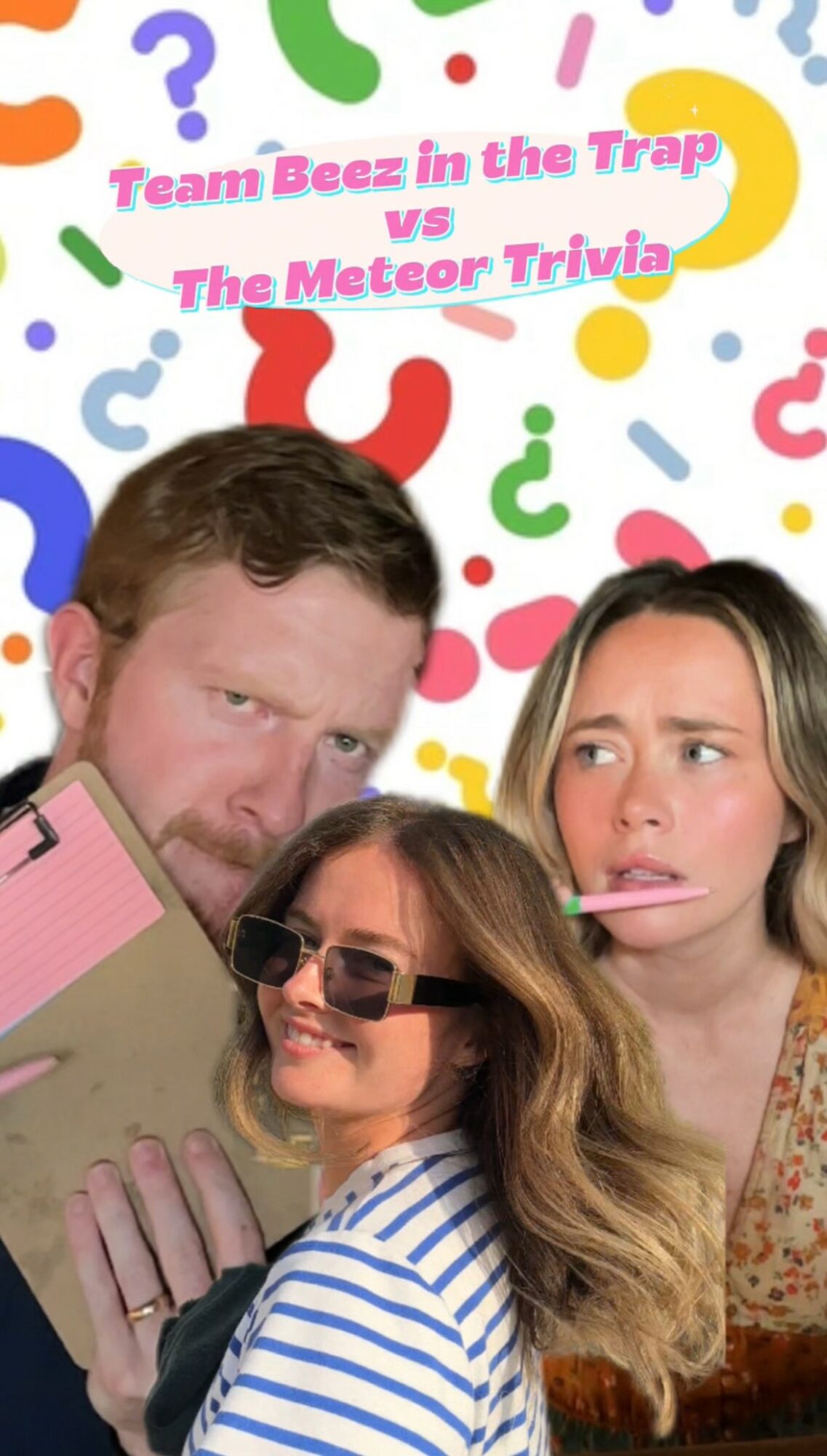Three people with playful expressions, one holding a clipboard, background with colorful question marks and text about a trivia game.