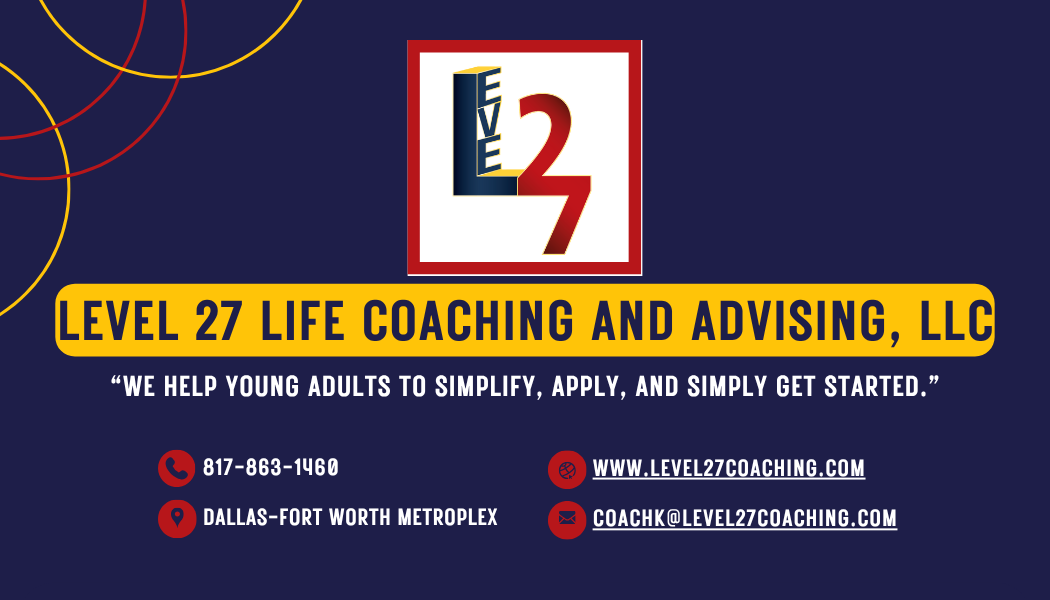 Business card for Level 27 Life Coaching and Advising, LLC with logo, contact info, and slogan.