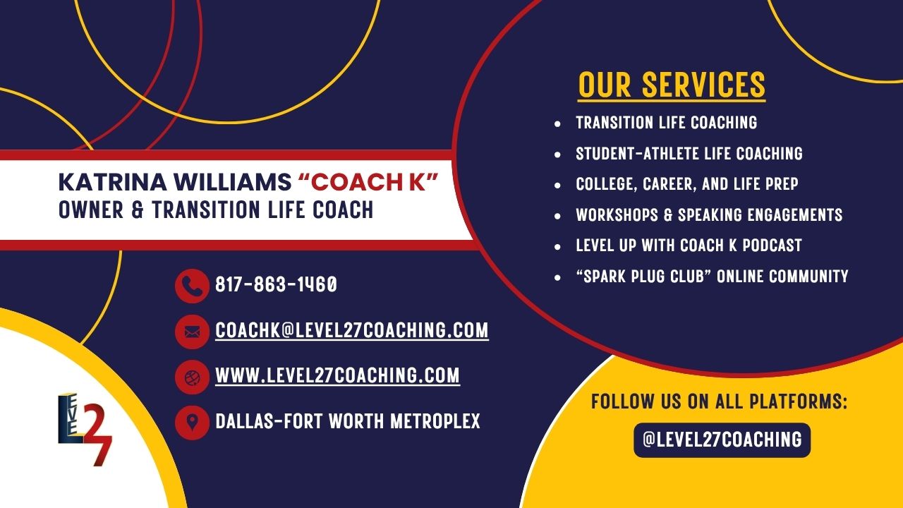 List of services offered by Katrina Williams, a life coach, with contact info and social media handle, on a dark background.