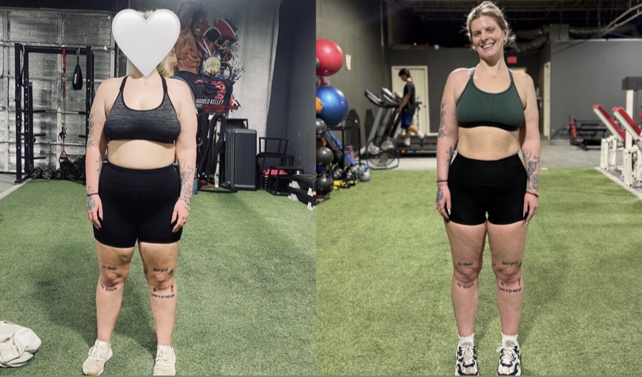 Before and after fitness transformation of a woman in gym, smiling, wearing workout clothes, showing progress.