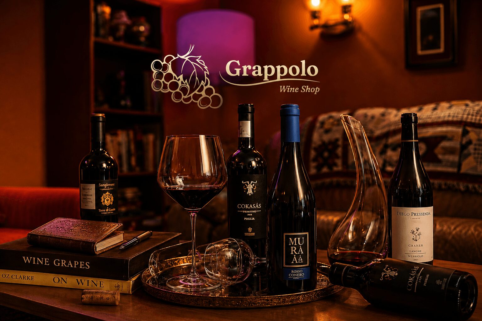 Wine shop interior with bottles, glasses, and books on a table, logo reads 'Grappolo Wine Shop'.