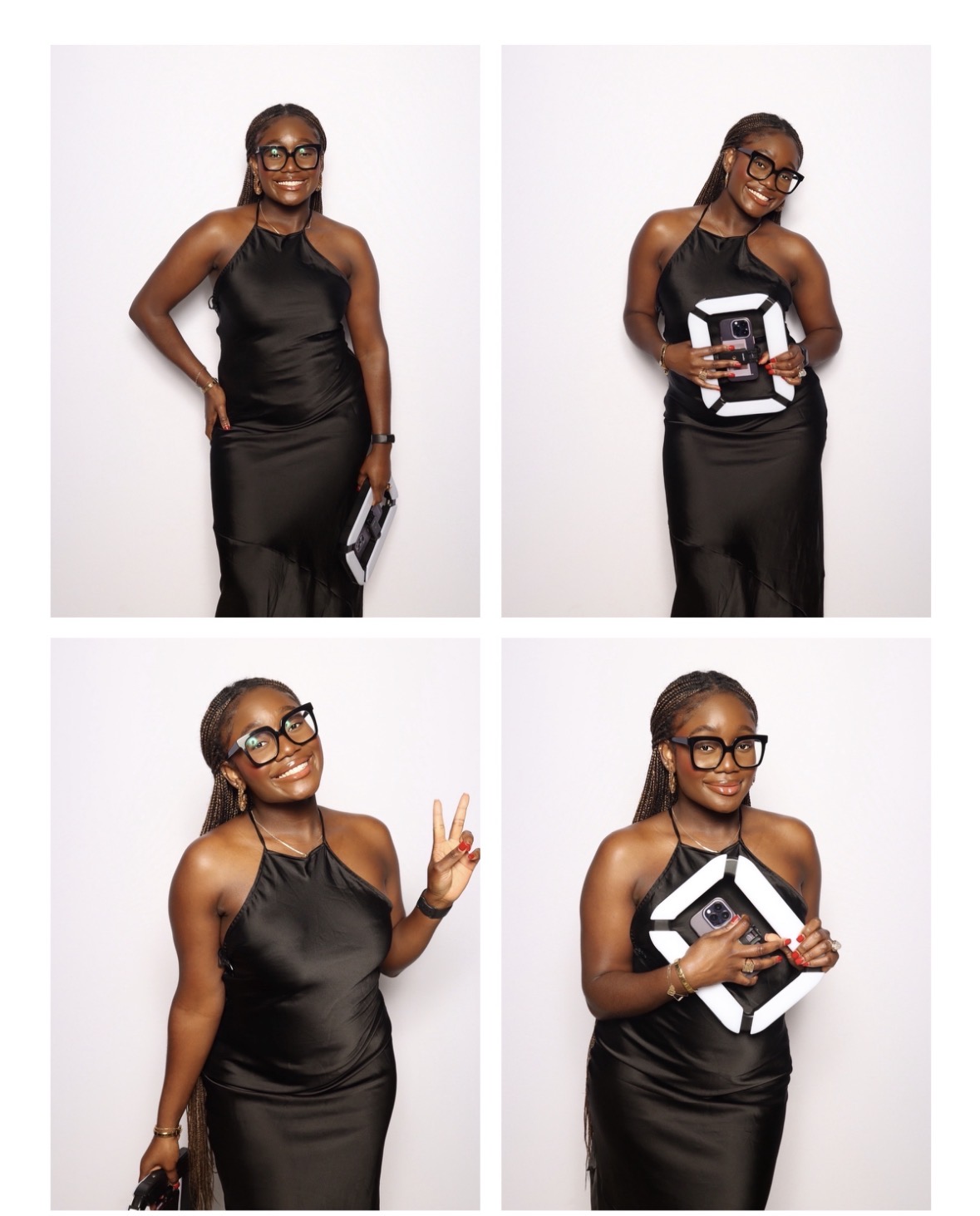Woman in black dress and glasses holding a book, making peace sign, smiling, in four poses, white background.