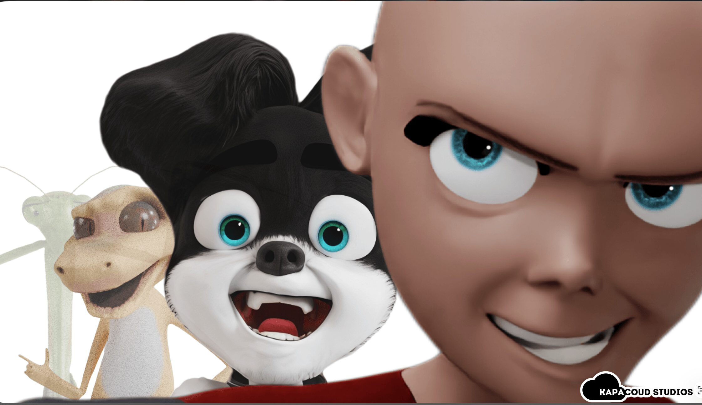 Three animated characters with expressive faces, one with a large head and blue eyes, one with a wide smile, and a small creature with a long neck.