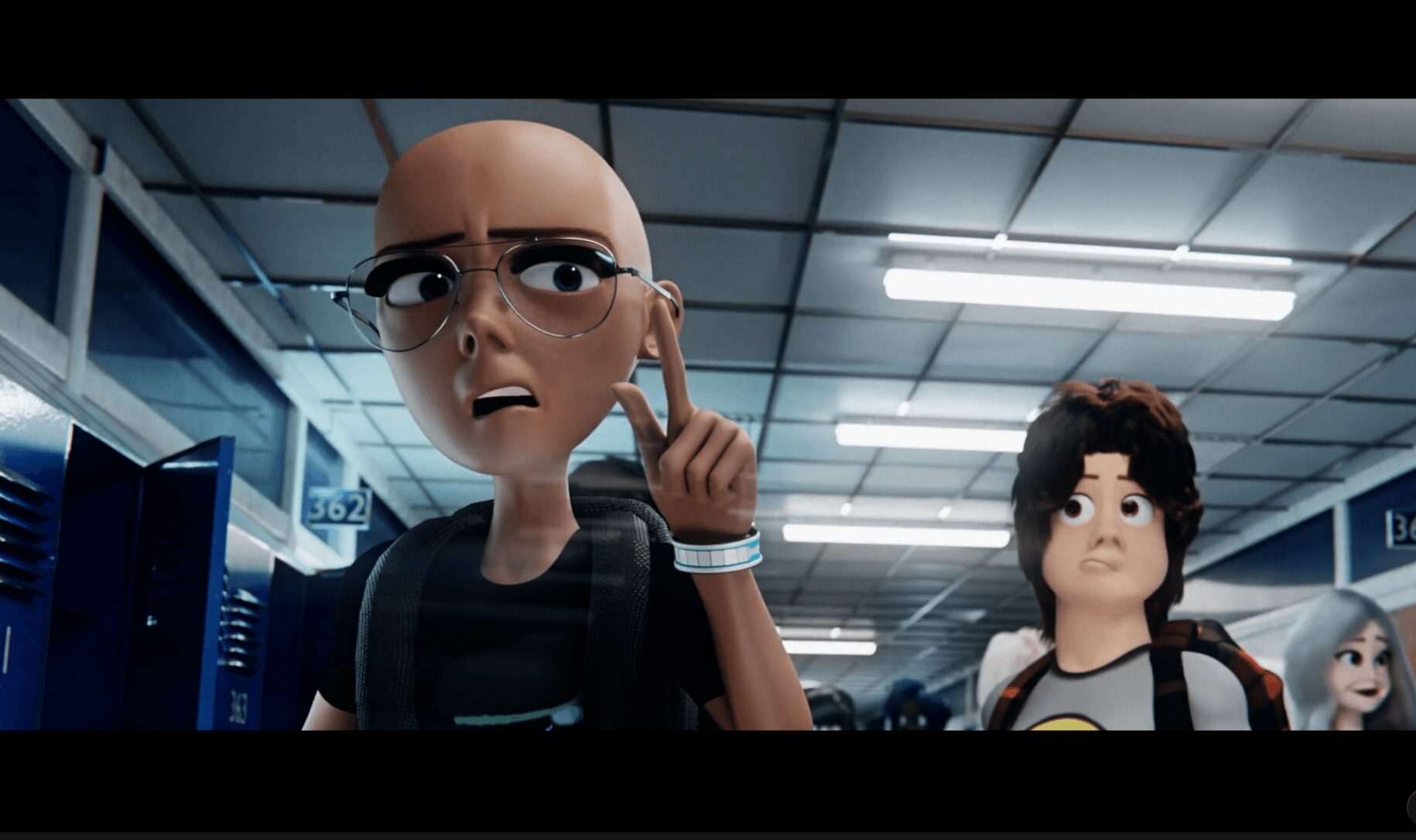 Three animated characters in a hallway with lockers and ceiling lights, one appears worried, another neutral, and a third partially visible.