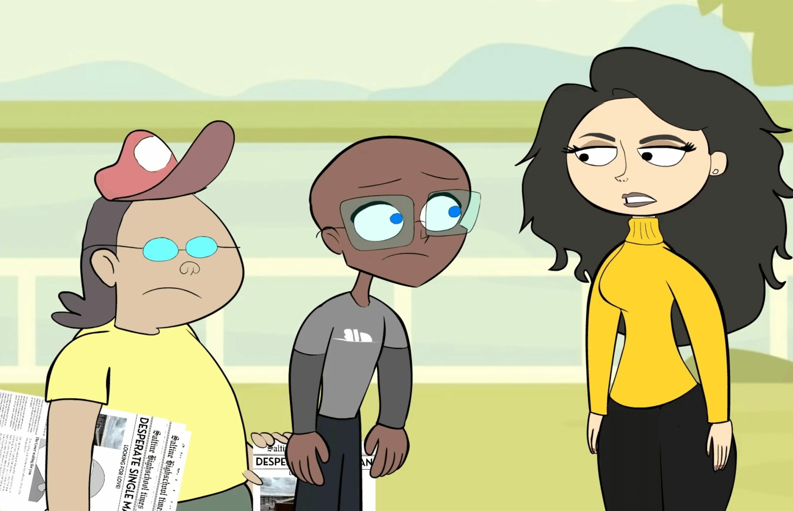 Three animated characters standing outdoors, two women and a girl, with trees and sky in background.