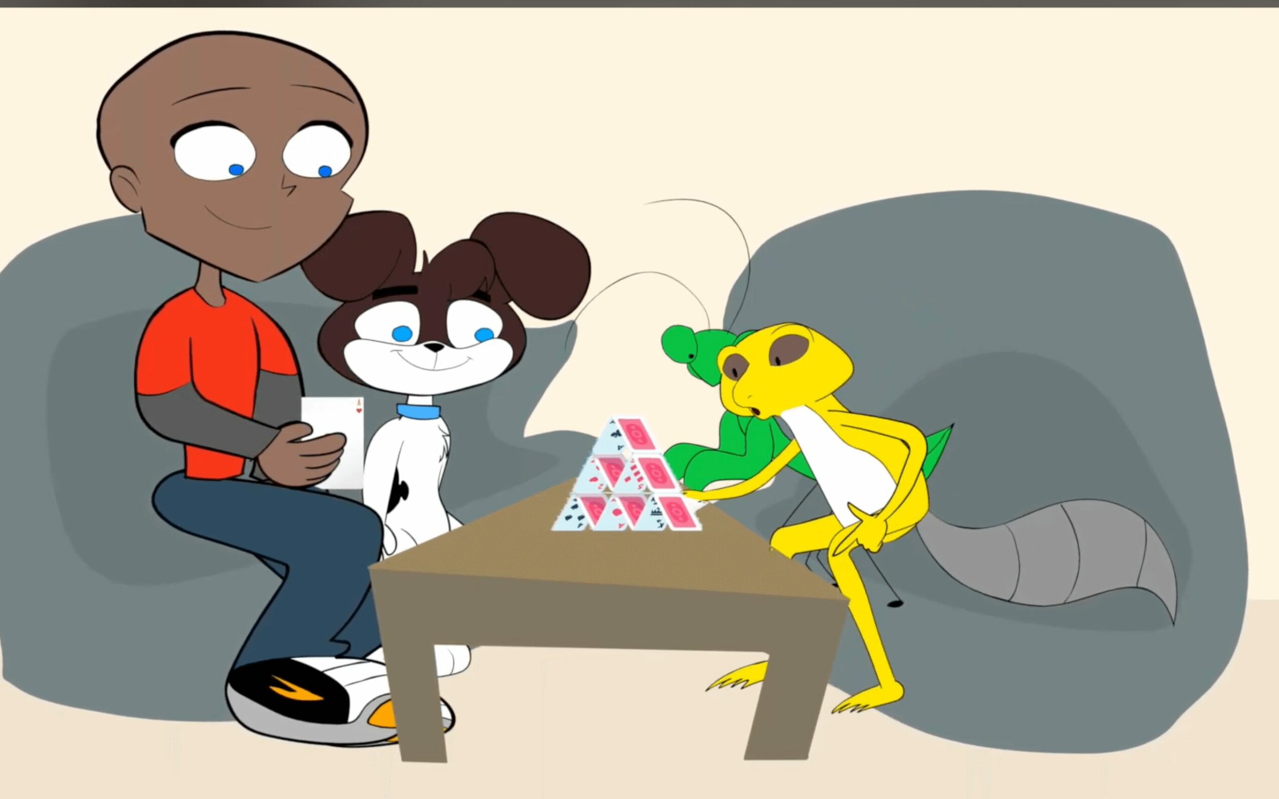Three animated characters sit on couches around a table playing a game with pink and white pieces.