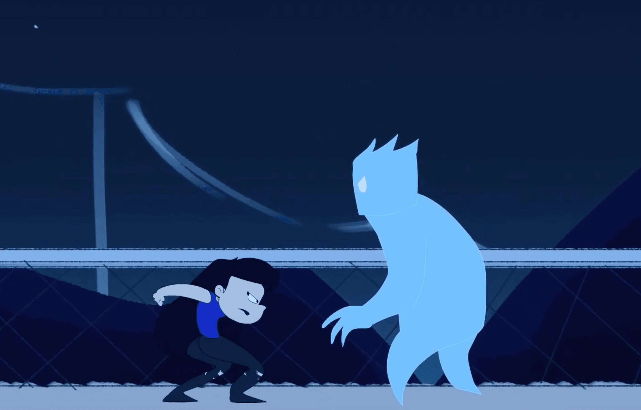 A cartoon character faces a large, blue, monster-like creature outdoors at night, with a bridge in the background.