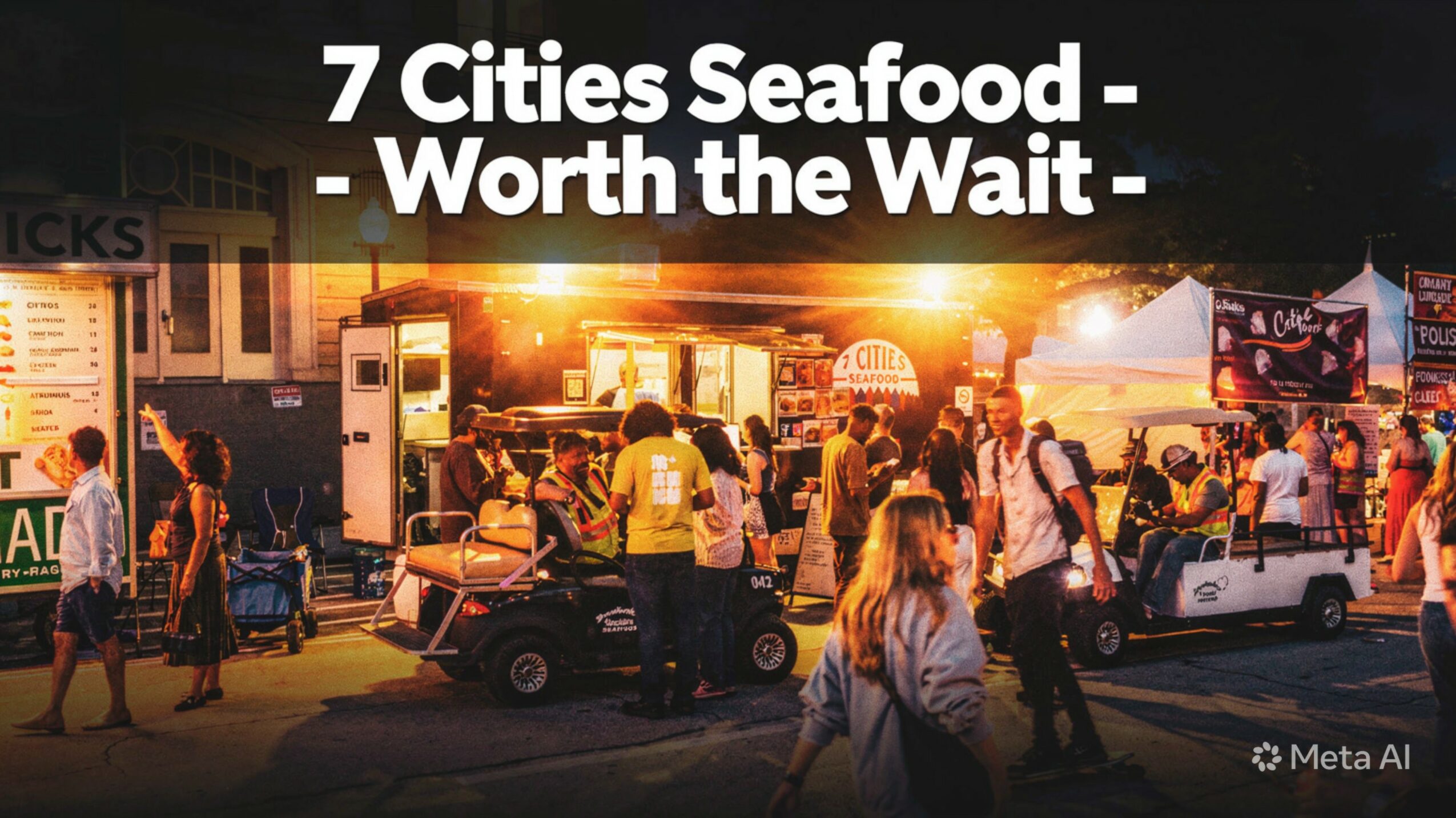Crowd of people at a seafood market during sunset with food stalls and vehicles, text overlay about cities and seafood.