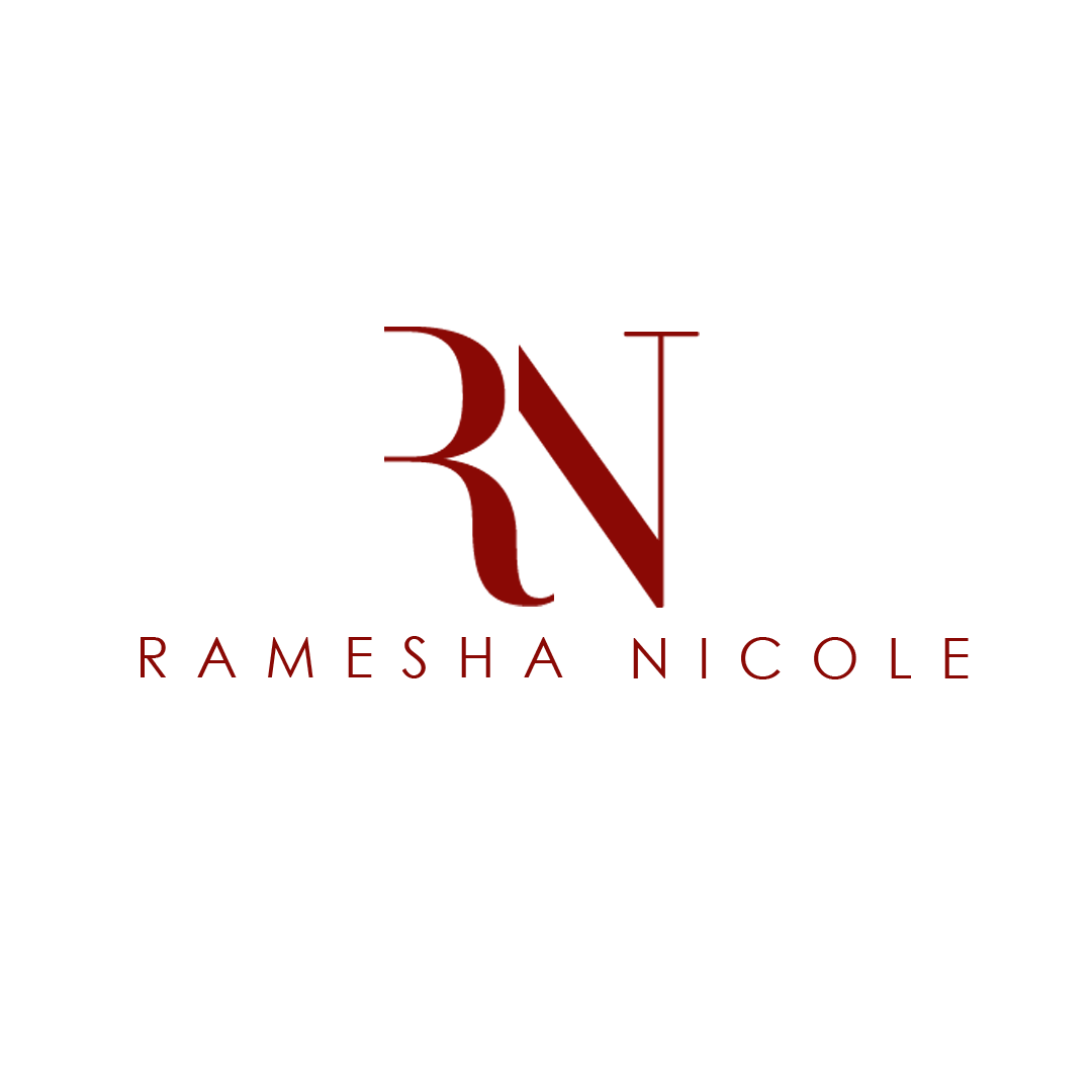 Black background with red stylized initials 'R' and 'N' and the name 'RAMESHA NICOLE' below.