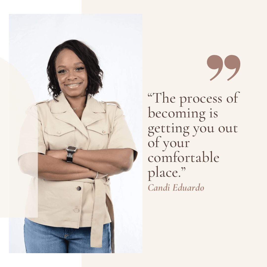 Woman smiling with arms crossed, wearing a beige jacket and blue jeans, next to a quote about becoming and comfort.