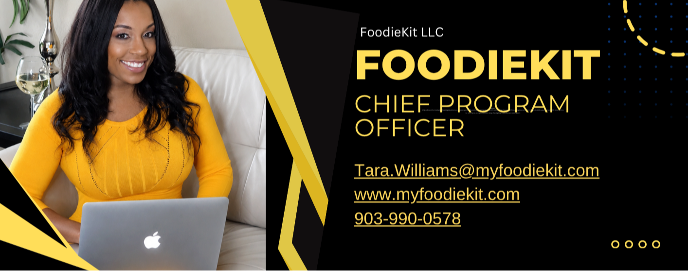 Business card with name, title, email, website, and phone number, featuring a woman in a yellow top smiling, holding a laptop.