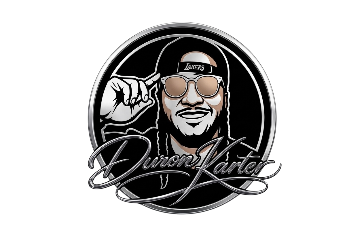Illustration of a man wearing glasses and a cap, with signature text below, on a black background.