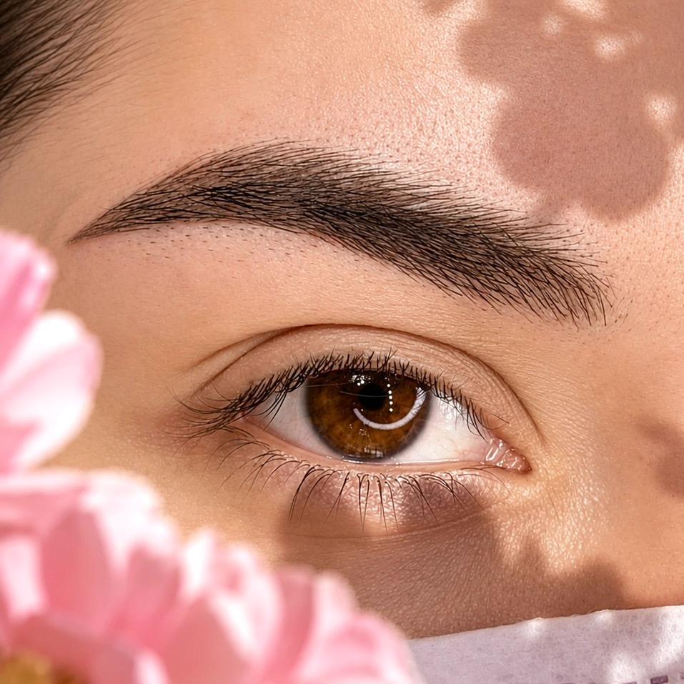 Close-up of a person's eye with brown iris, eyebrow, and part of face, with pink flowers in foreground.