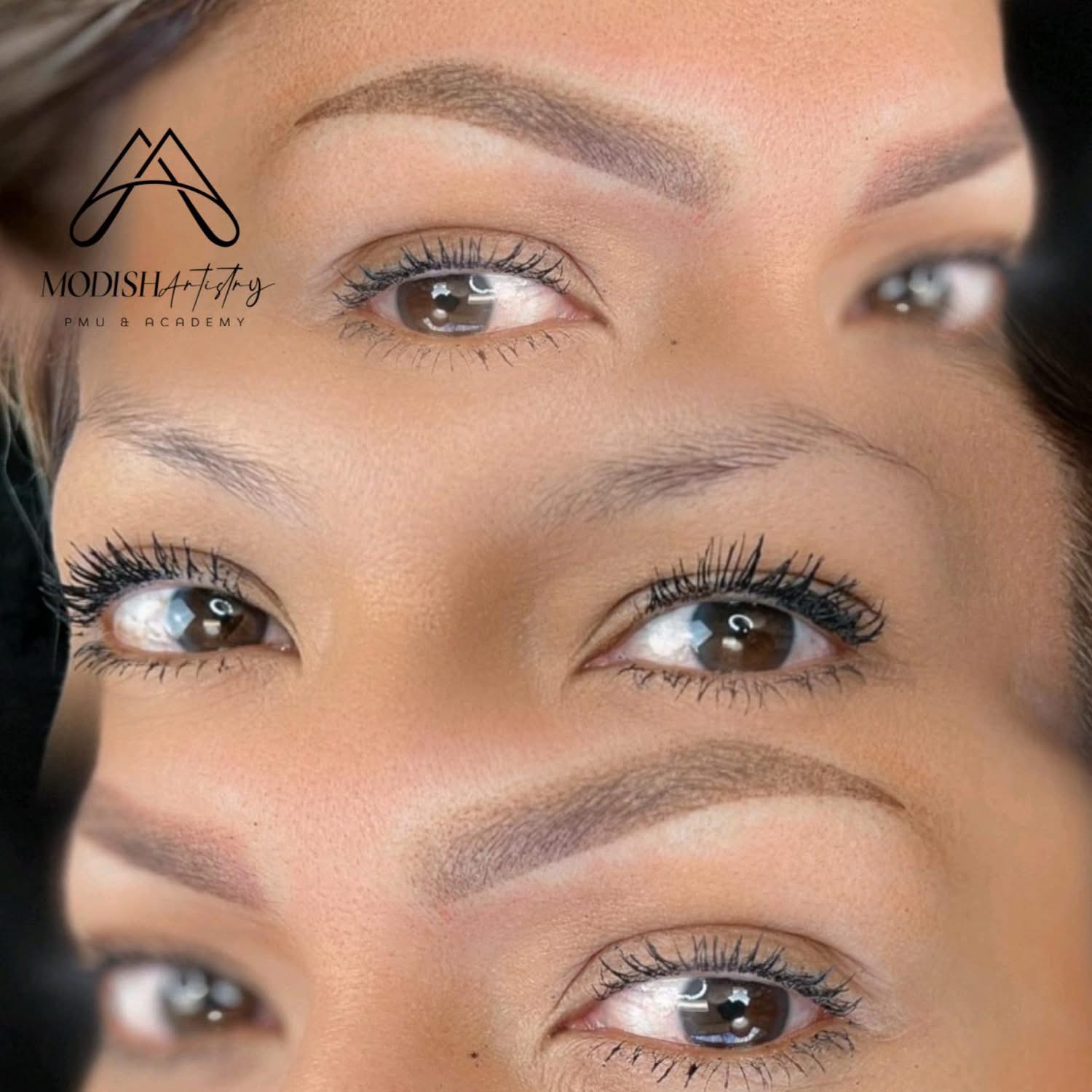 Close-up of three pairs of eyes with well-groomed eyebrows and long eyelashes, on a black background. Logo in top left corner.